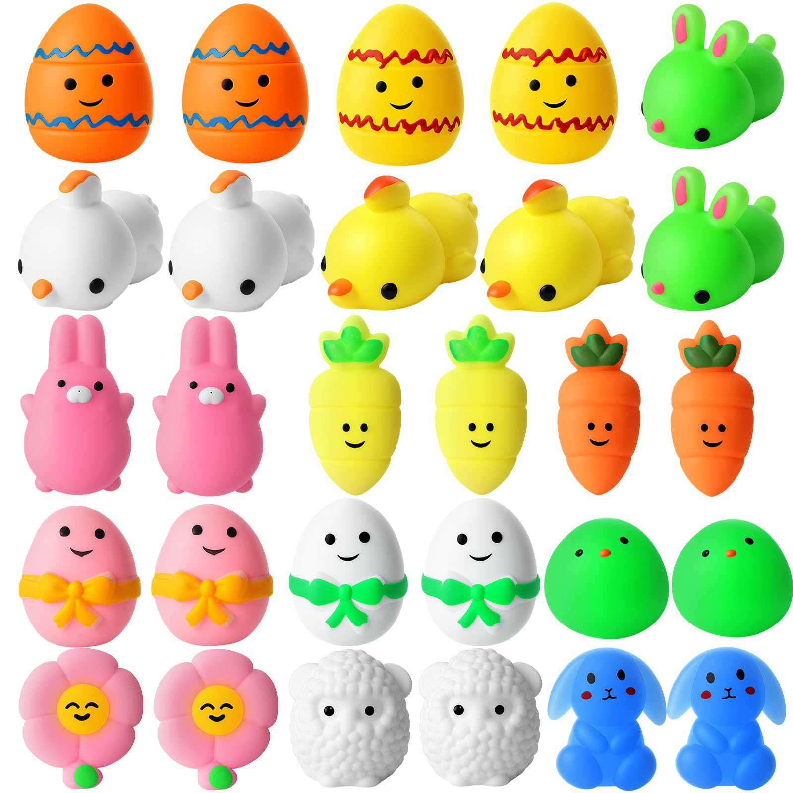 LovesTown 28 PCS Easter Mochi Squishies Toys, Kawaii Chick Bunny Toys Easter Squeeze Fidget Toys for Kids Easter Eggs Fillers Basket Stuffers Party Favors Gifts