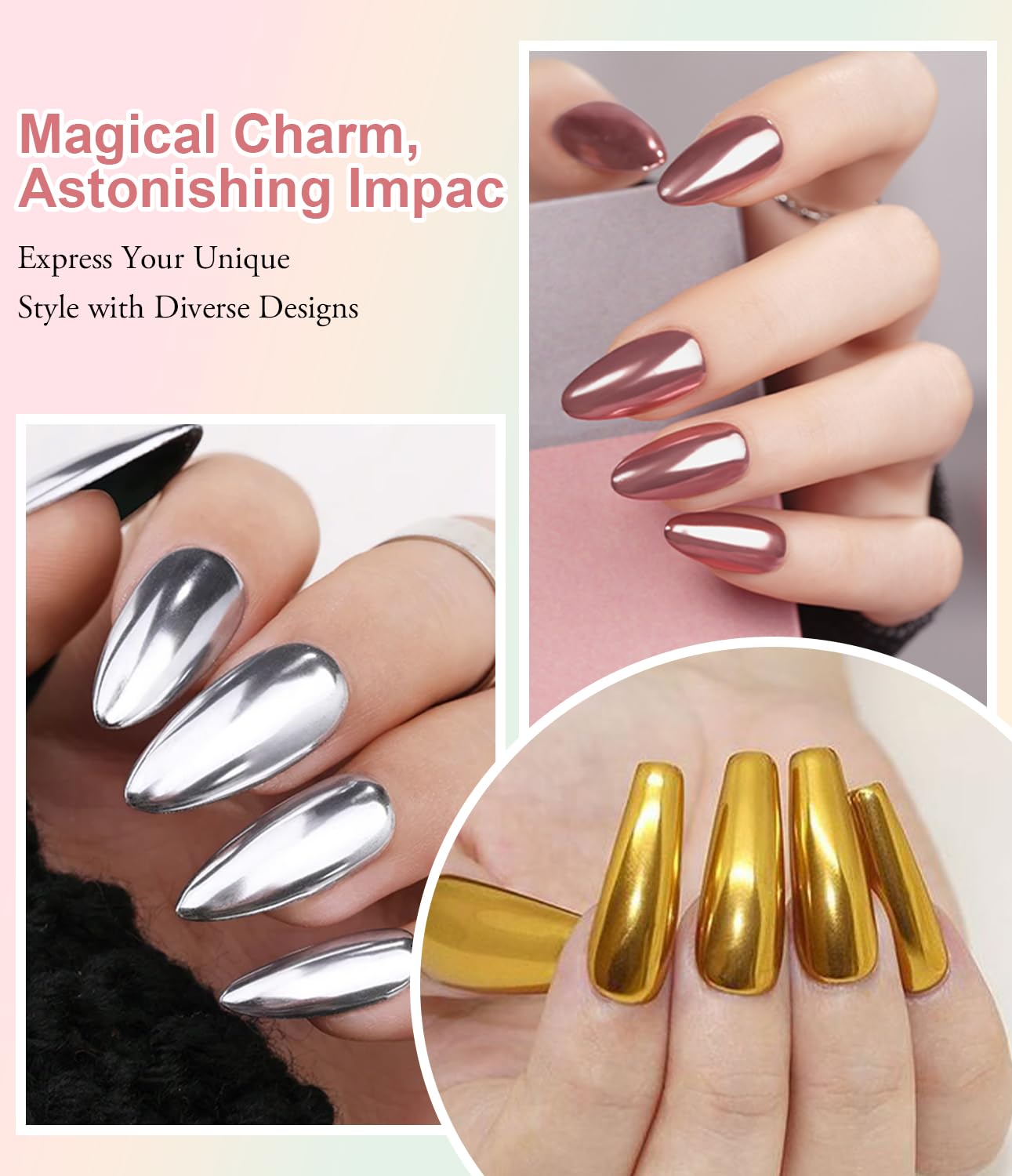 Chrome Nail Powder BISHENGYF: Super Metallic Effect Chrome Powder For Nails Gold Silver Red Laser White Pearl Nail Chrome Powder for Nails Art Decoration - Image 2
