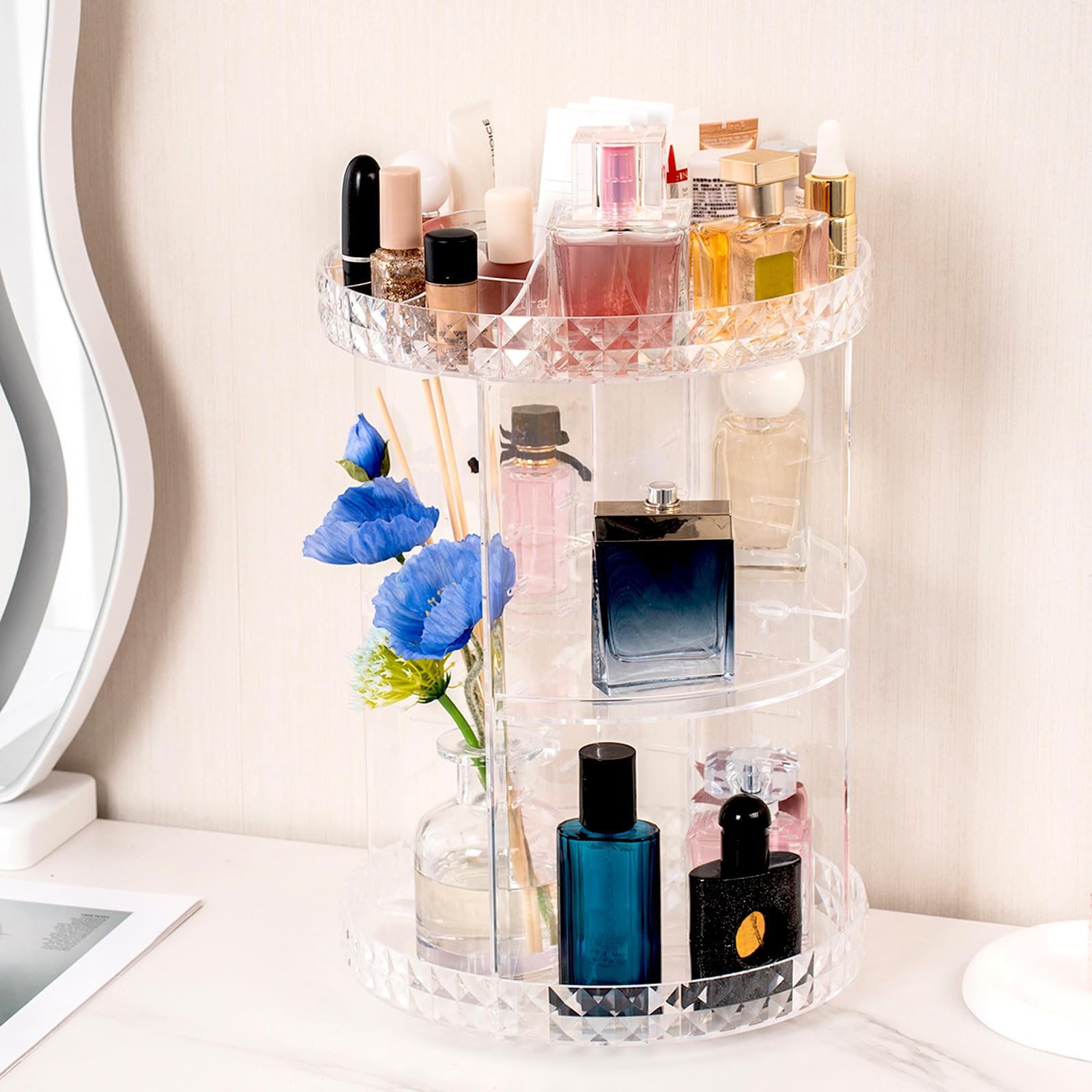 V-HANVER 360 Rotating Makeup Organizer Perfume Organizer Clear Cosmetic Storage Display Case Large Capacity Acrylic Beauty Holder Adjustable Partition Height for Bedroom Dresser or Bathroom Vanity