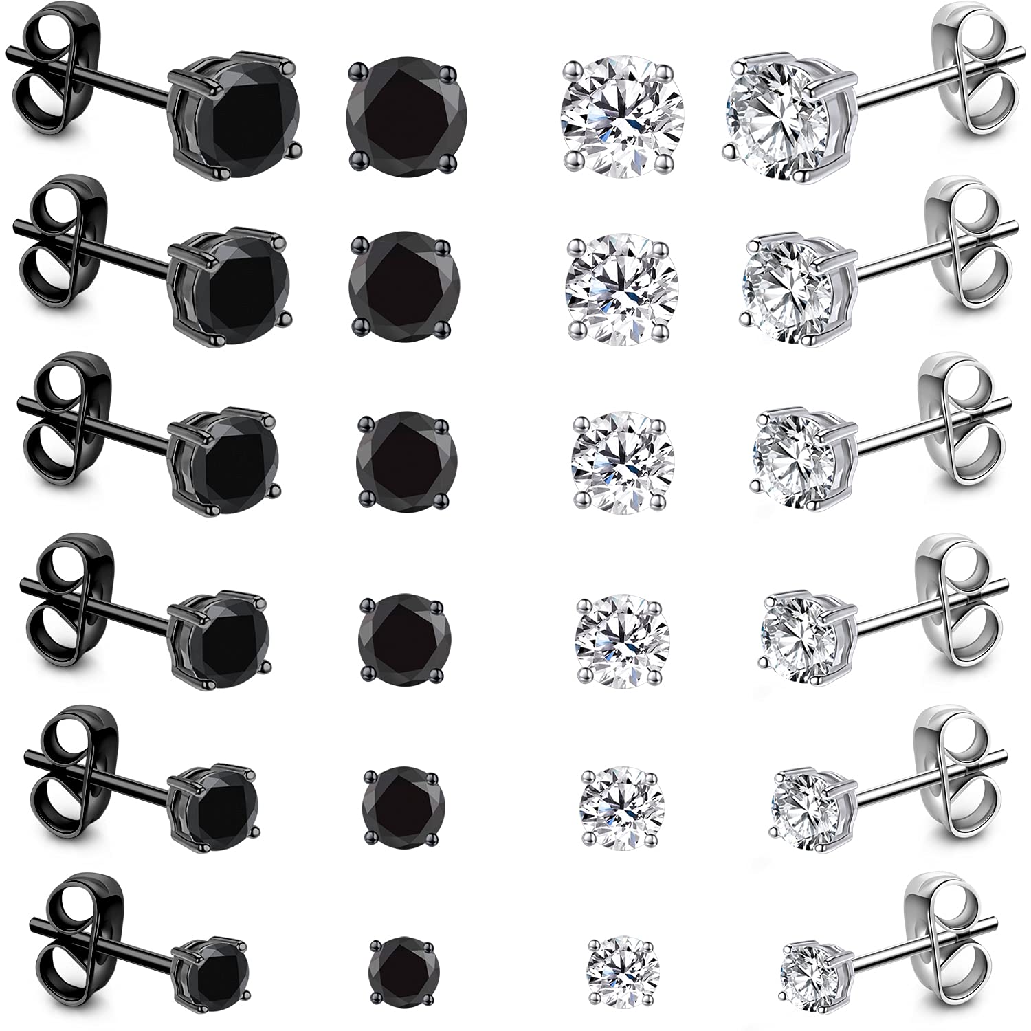 12 Pairs Black Silver Earrings for Women Men Stainless Steel Cubic Zirconia Diamond Stud Earrings, Cartilage Sleeper Mens Hypoallergenic Earrings Women, 3-8mm Ladies Earrings