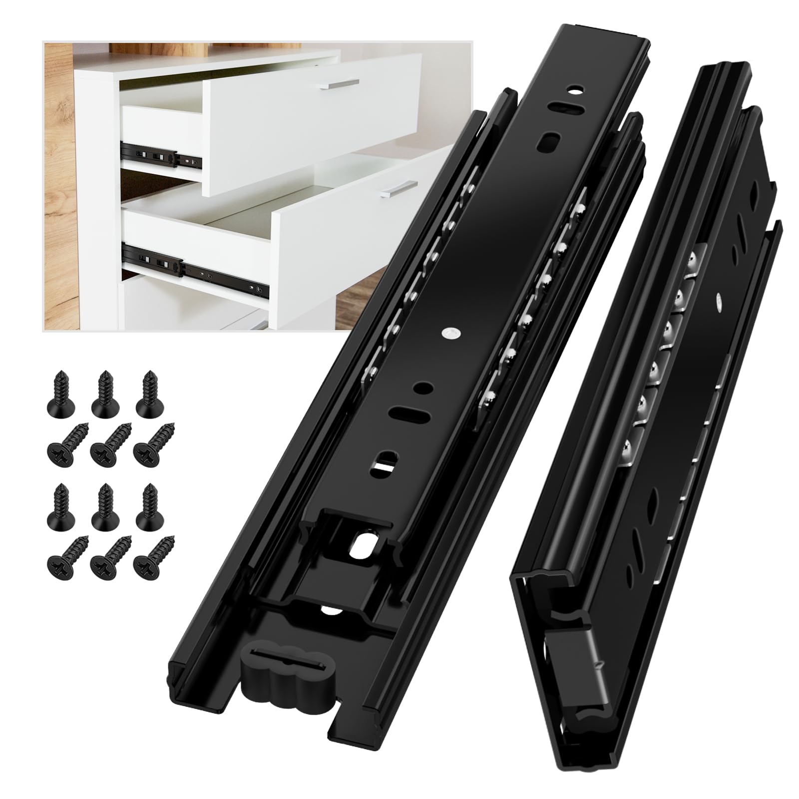AOLISHENG Drawer Runners Cabinet Drawer Slides 200mm 45kg Load Capacity Heavy Duty Kitchen Draw Runners Full Extension Ball Bearing Draw Sliders Replacement Rails Side Mount, Black 1 Pair