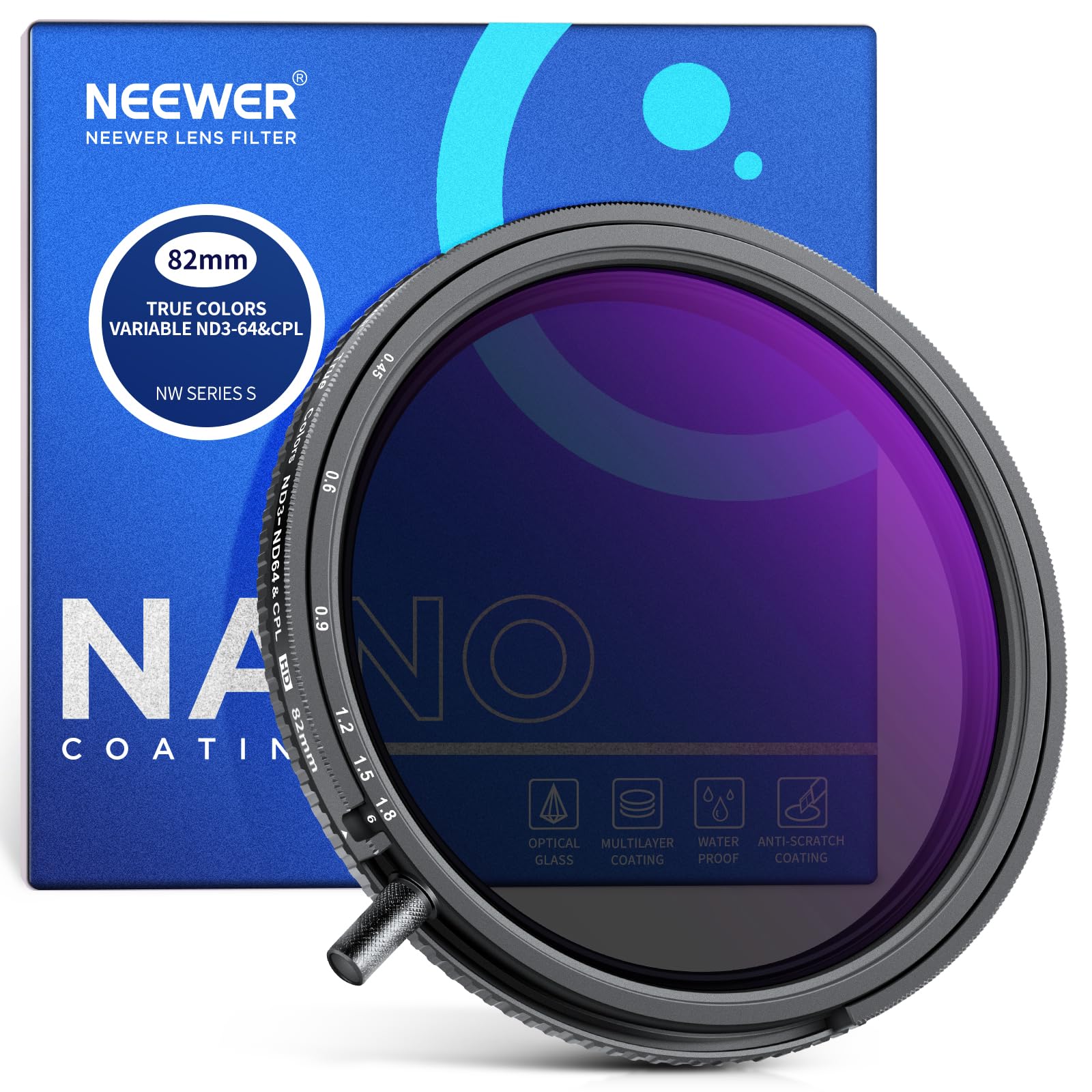 NEEWER 82mm True Colors Variable ND&CPL Filter with Putter, ND3-64(1.5-6 Stops), 2 in 1 Adjustable Limited Neutral Density & CPL Filter, Multi Coated HD Optical Glass/Aluminum Frame/Scratch Resistant