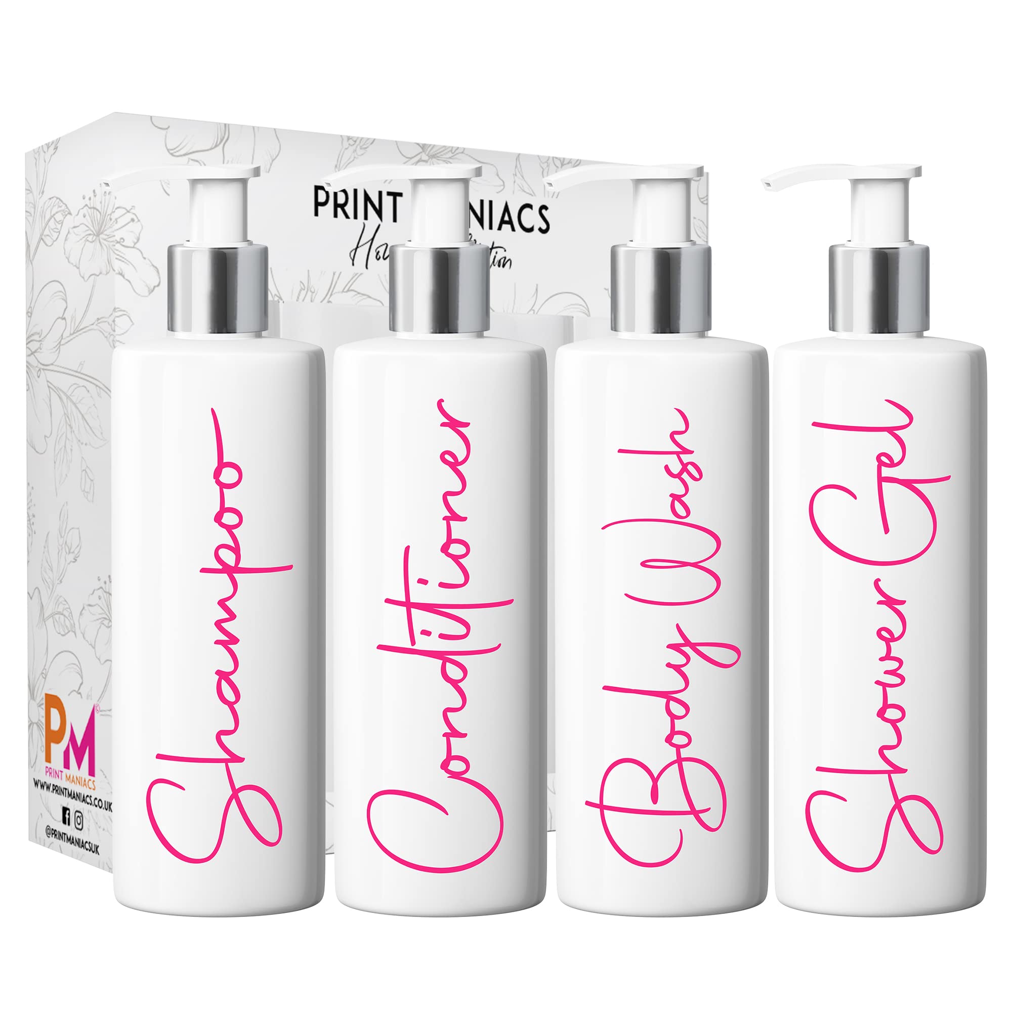 Print Maniacs White Mrs Hinch Inspired Personalised 500ml Pump Bottles Bathroom Lotion Kitchen Set Shampoo Conditioner ( Shower Gel Set, F2 ) (Pink)
