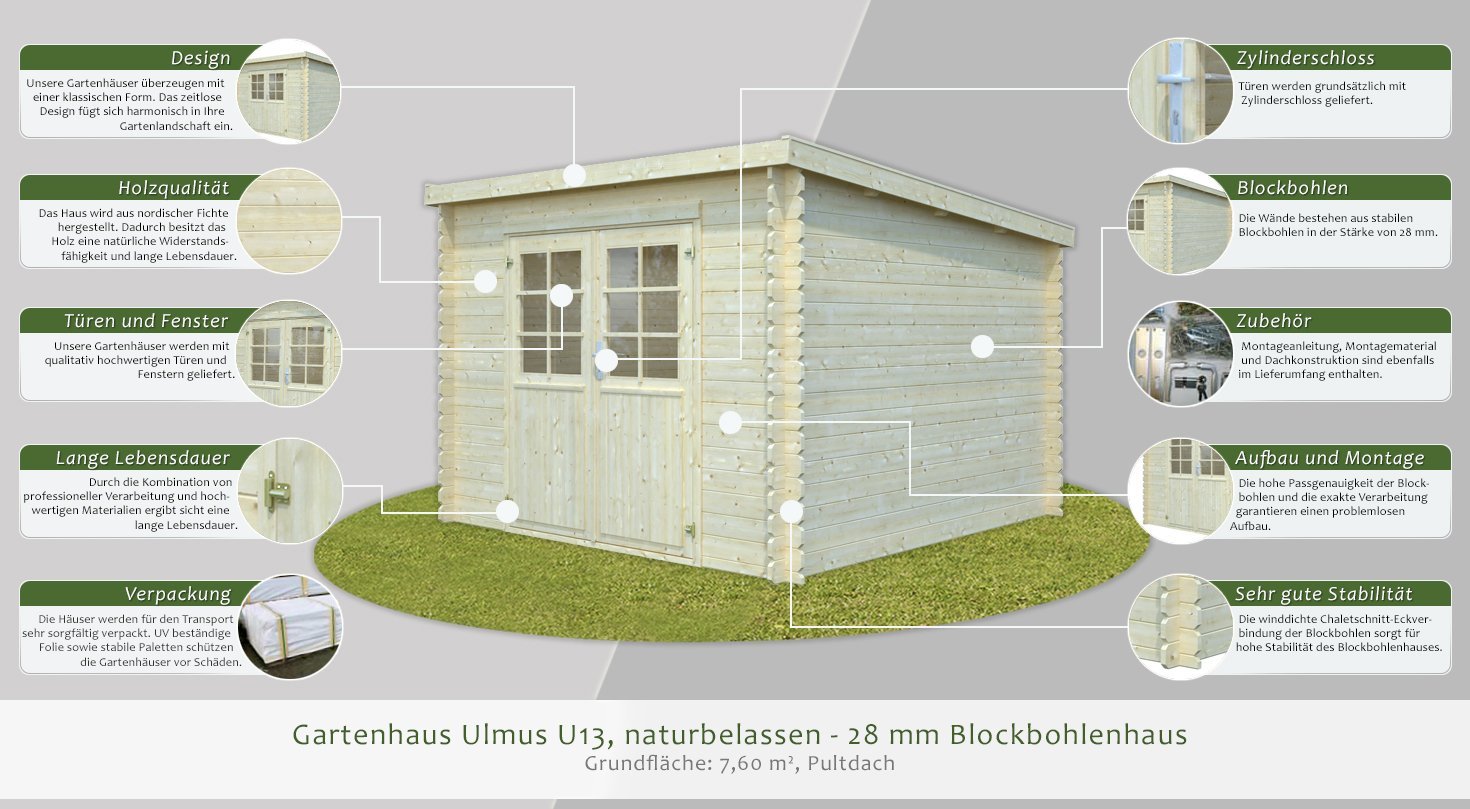 Gartenhaus Ulmus U13 Naturbelassen 28 Mm Blockbohlenhaus