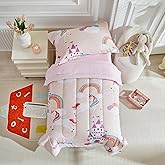 4 Pieces Toddler Bedding Set for Girls Light Pink Unicorn Toddler Bed Set - Soft Castle Rainbow Cute Princess Baby Bed in a Bag - 1 Comforter Set 1 Fitted Sheet 1 Flat Sheet 1 Pillowcase