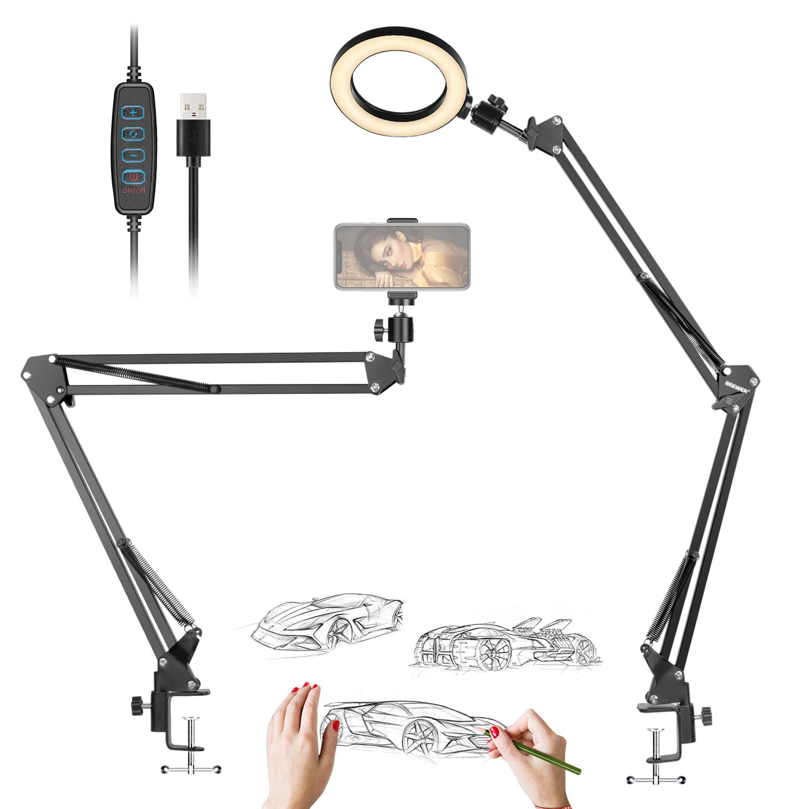 Neewer Ring Light, 6 Inches, USB Powered, 3 Light Modes, Adjustable Suspension Arm Stand, Compatible with iPhone Android for Live Streaming, Makeup, Online Lesson Video