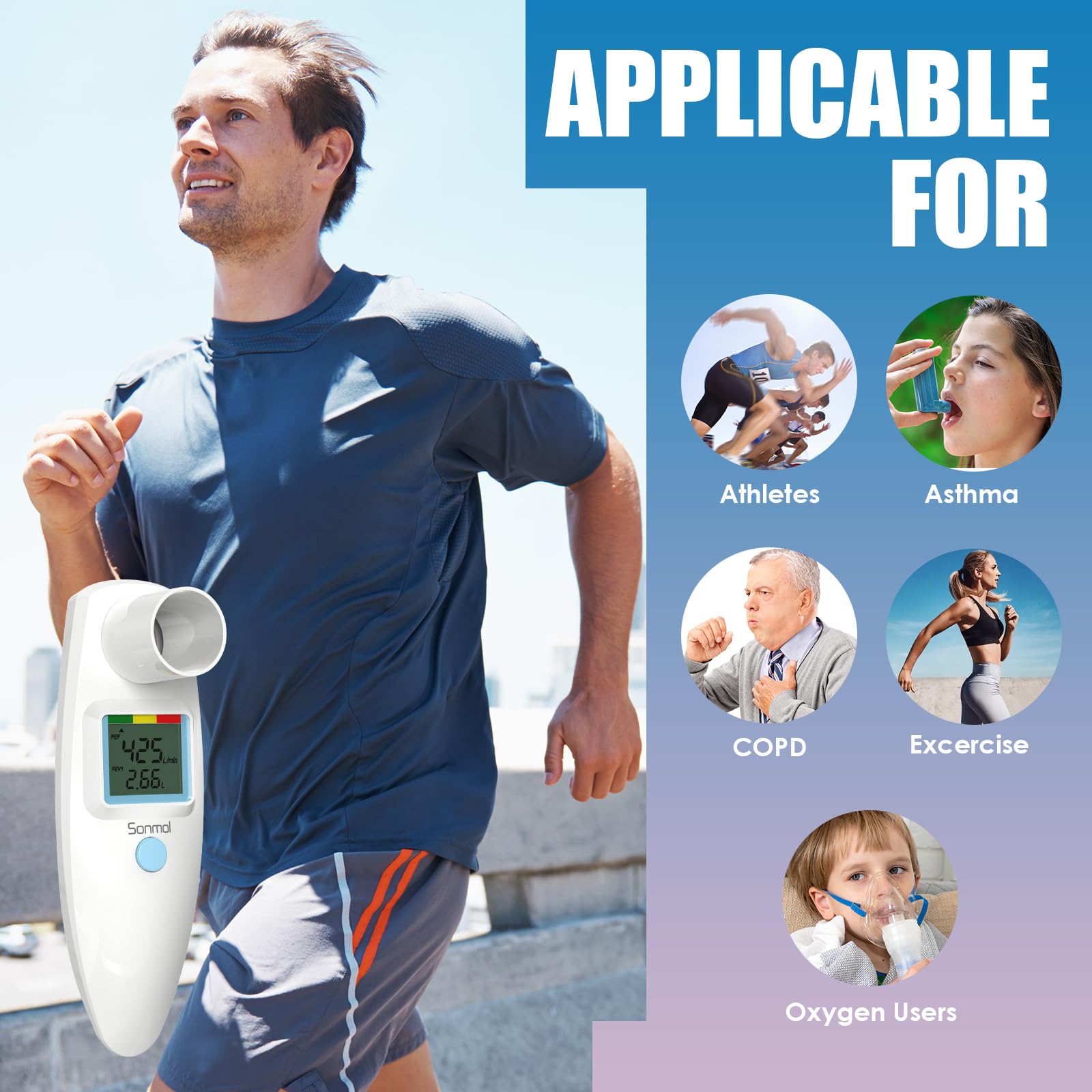 Digital Peak Flow Meter Spirometer Asthma COPD for Adult Kids Portable PEF Forced Expiratory Volume FEV1 Lung Tester Home Medical