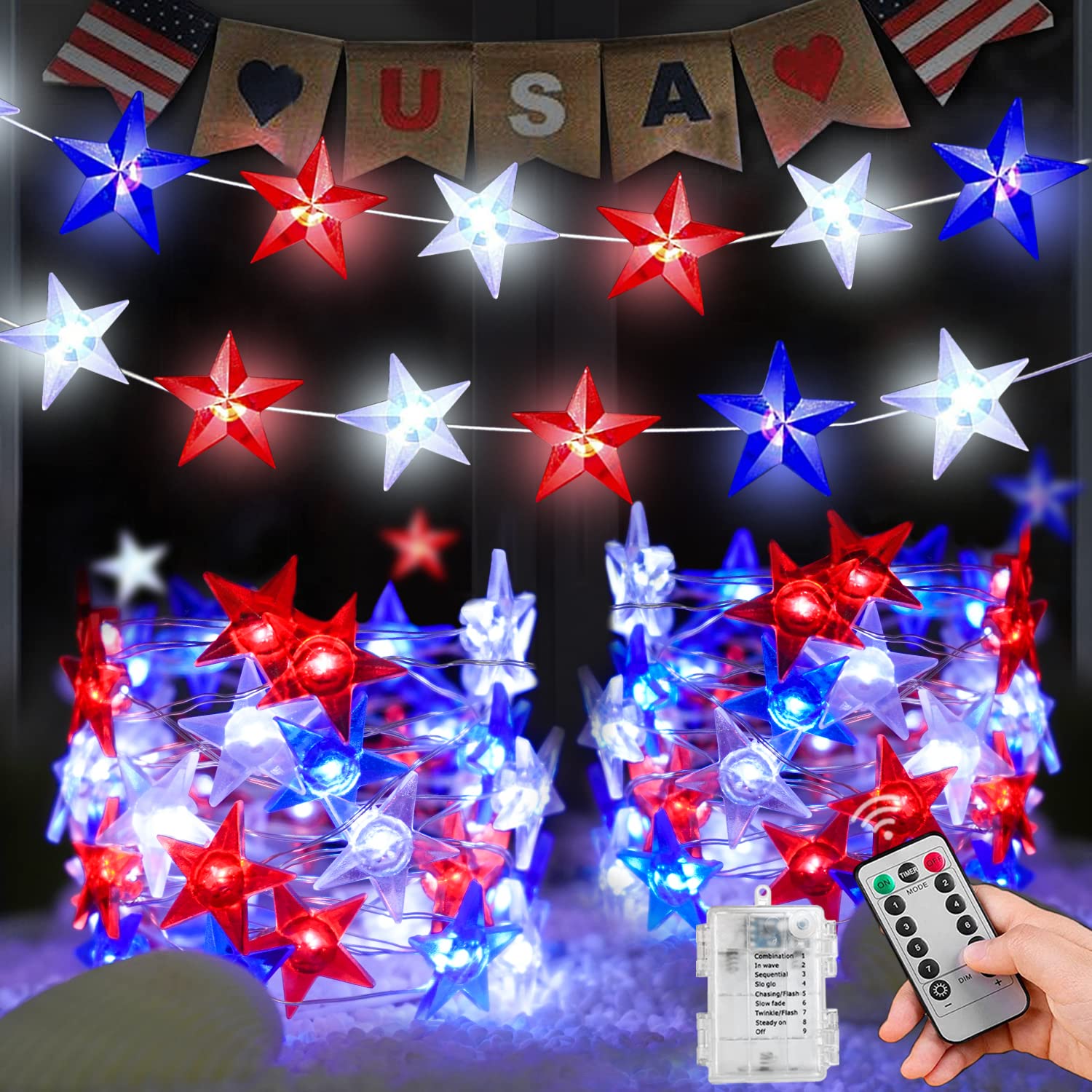 Photo 1 of Govetom [ 8 Modes & Timer ] 2 Pack Red White and Blue Lights, 20 FT 80 LED 4th of July Lights Remote Battery Operated for Patriotic Memorial Day Independence Fourth of July Decorations