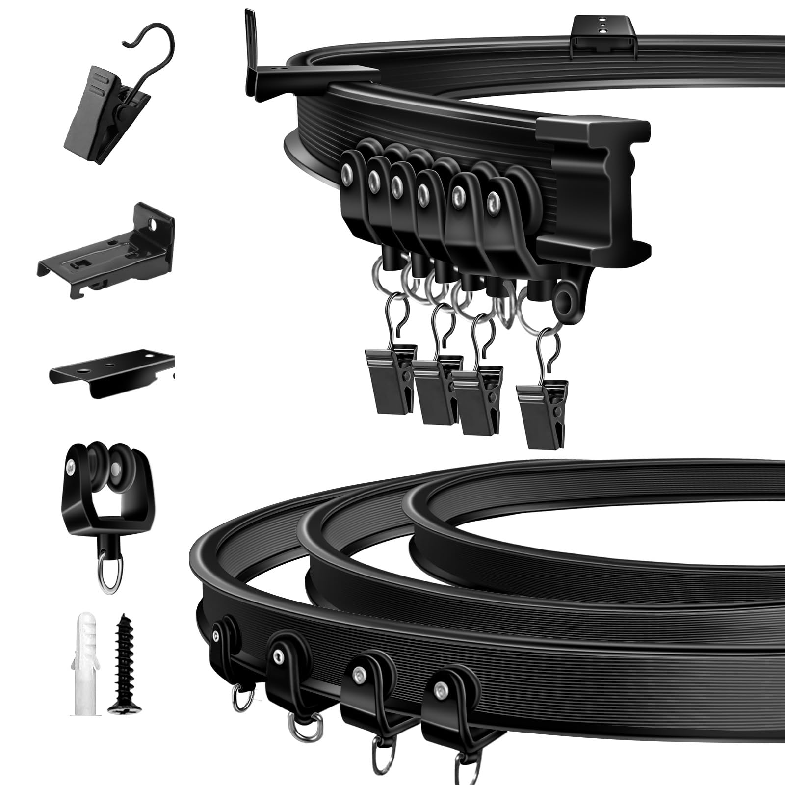 TOKPLNU Curtain Track, 5m Black Flexible Curtain Rail Bendable Curved Ceiling Curtain Track for Bay Window, Wall or Ceiling Mounted Curtain Rail Tracks System for Room Divider, Shower RV Curtains