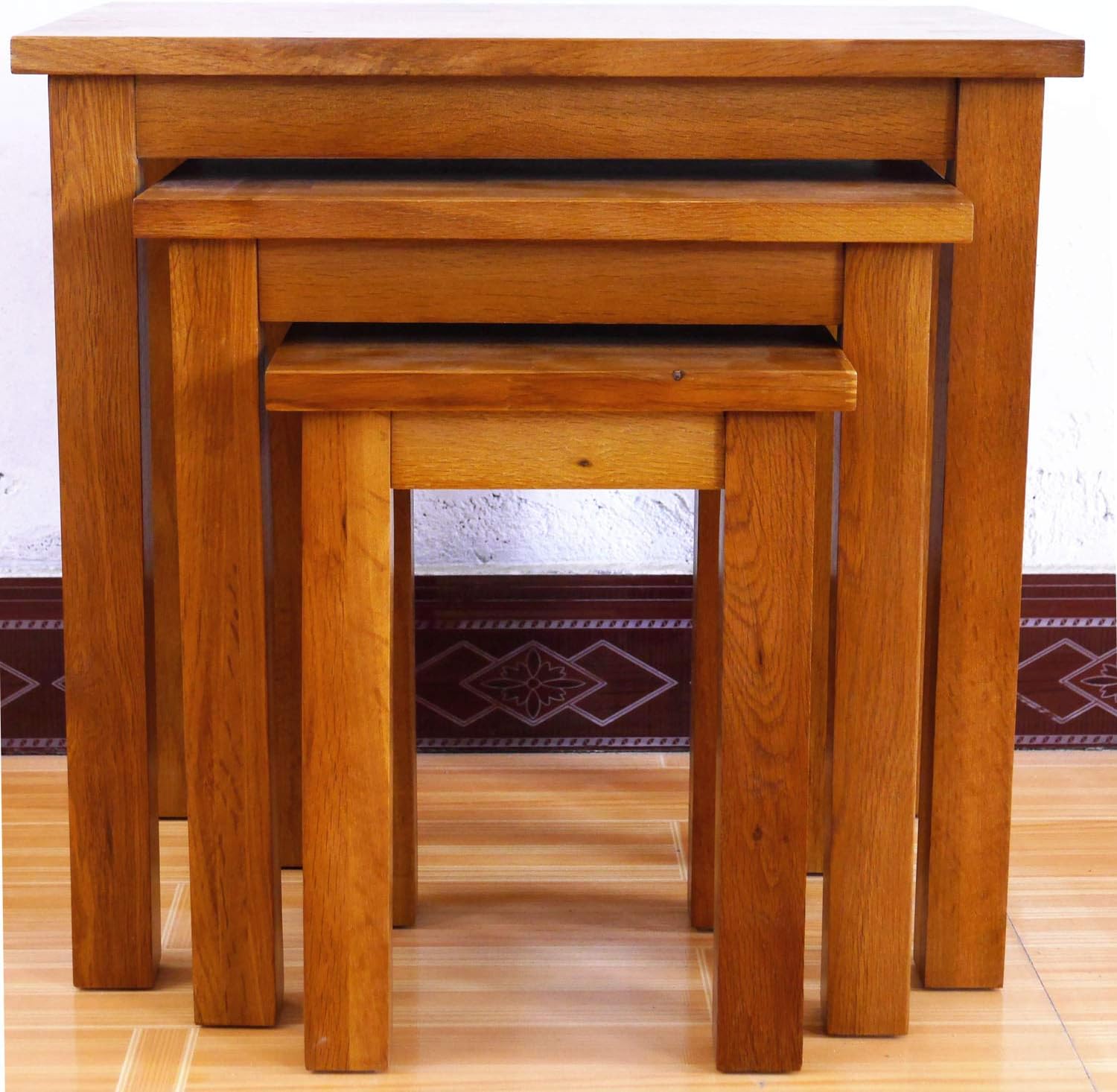 KendyOak Oak Rustic Solid Nest of 3 Tables Coffee Table Small Wooden Side/End/Lamp/Nesting Tables for Living Room: Kitchen & Dining