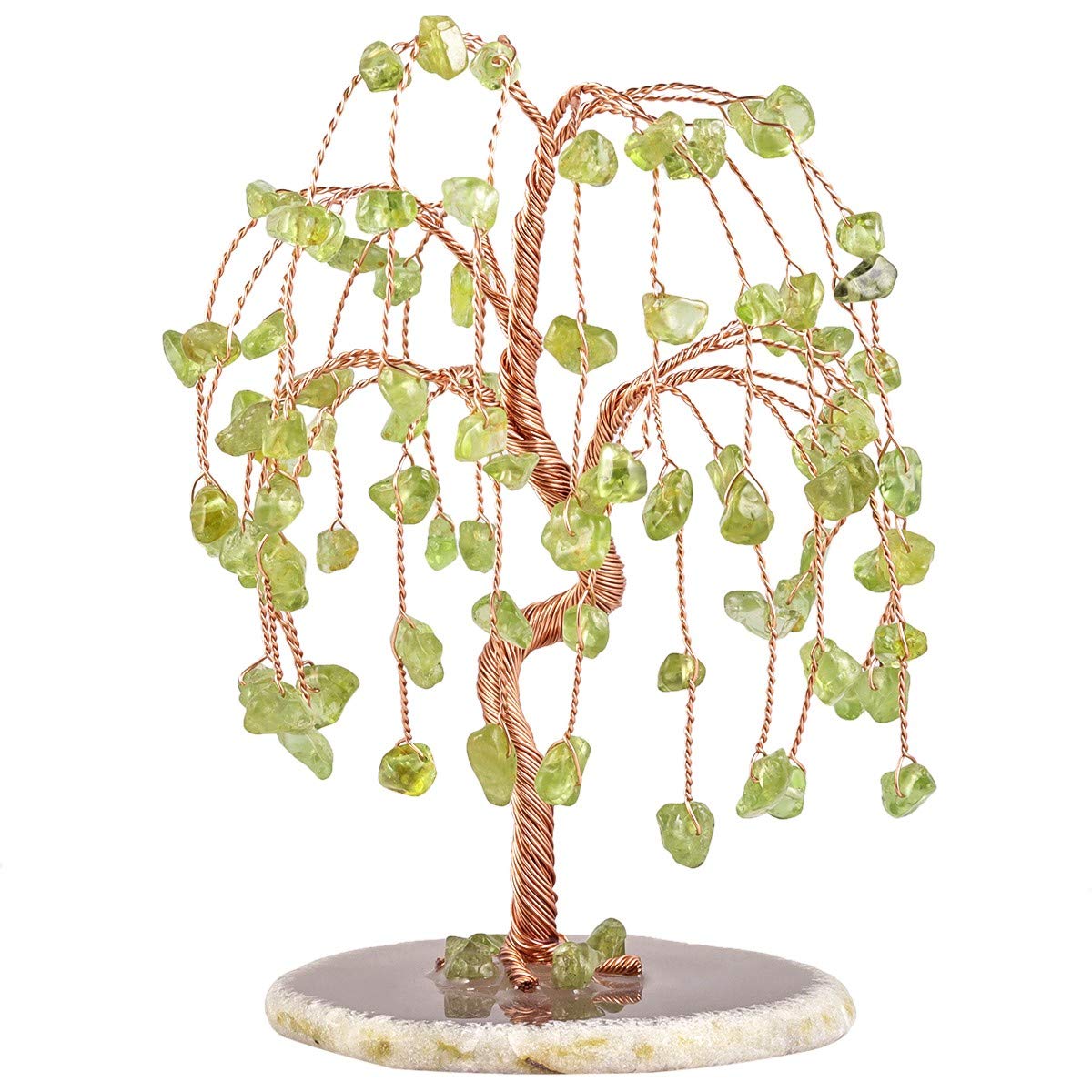 mookaitedecor Peridot Tumbled Stones Money Tree, Gemstone Feng Shui Ornaments Willow Healing Crystal Tree Gift Green Bedroom Accessories Good Luck Reiki Decoration, Agate Slice Geode Quartz Stand