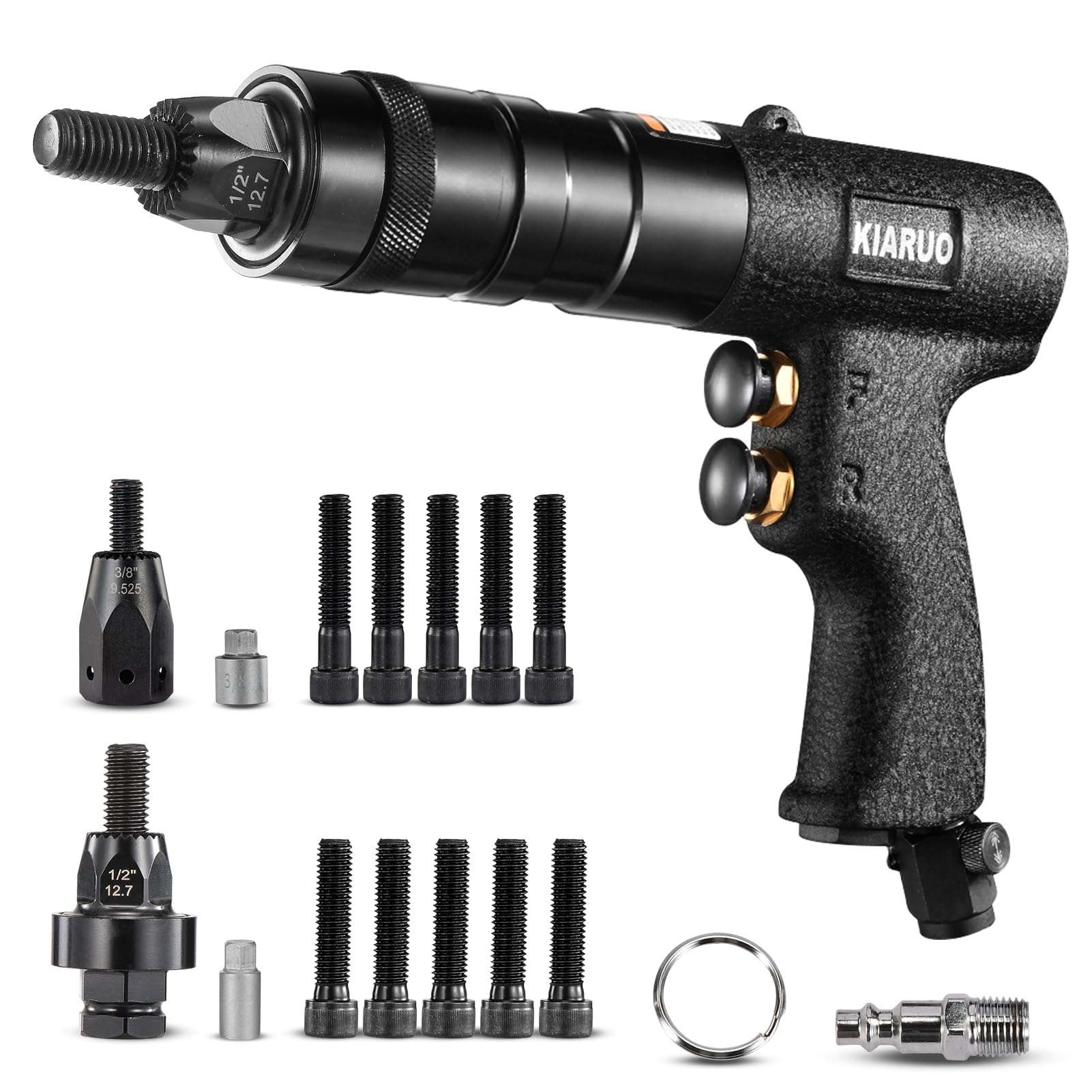 Photo 1 of KIARUO Pneumatic Rivet Nut Gun with 3/8 & 1/2 Self-locking Head, Industrial Grade 250RPM Adjustable Speed Pull Rivnut Gun tool set,Model:LM06