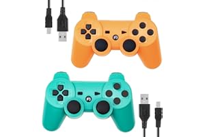Rzzhgzq 2 Pack PS-3 Wireless Controller P3 Controller Wireless Bluetooth Gamepad with USB Charger Cable for PS-3 Console (GRN+ORG)