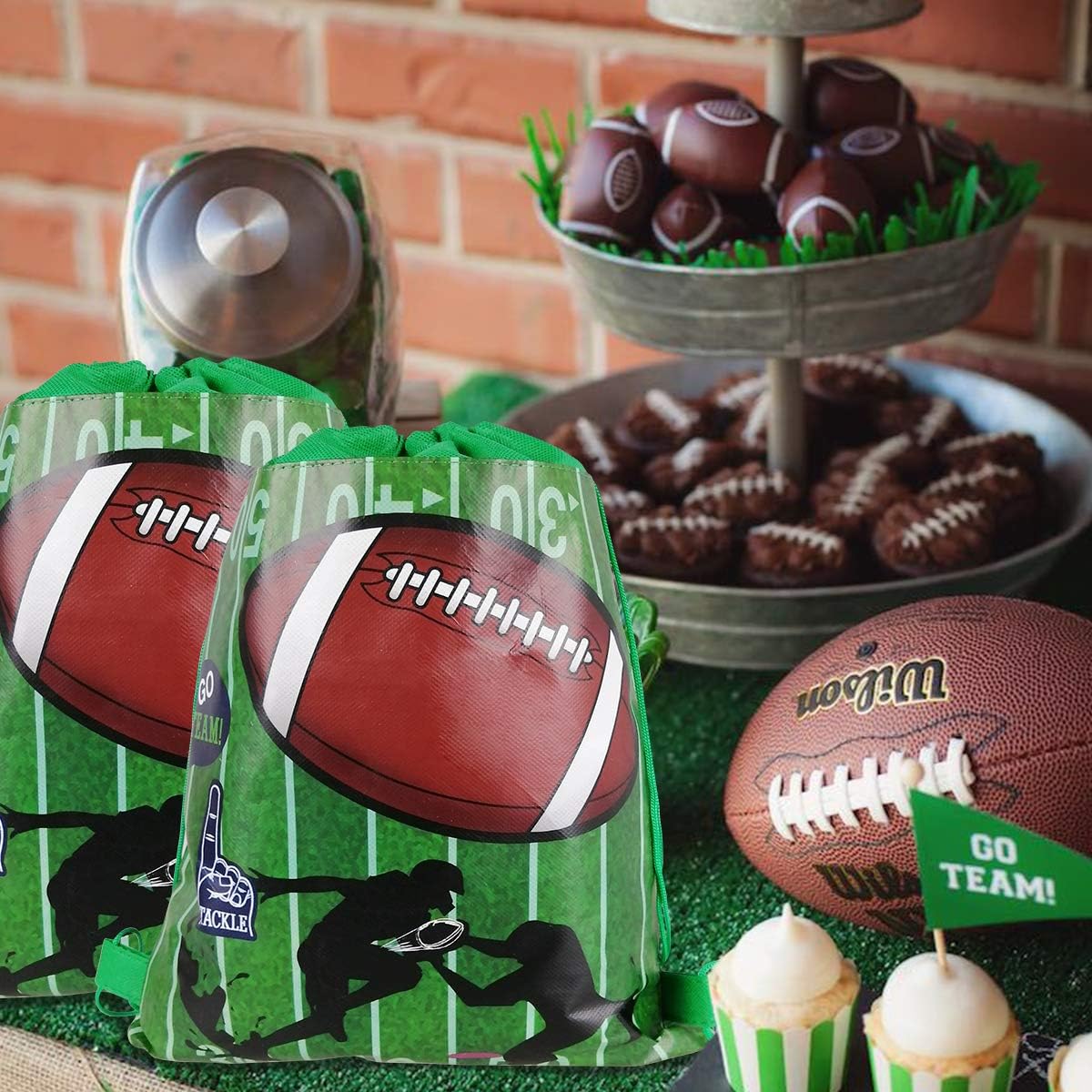Cieovo 12 Pack Football Party Favor Goodie Bags, Treat Gift Drawstring Bag Football Backpack for Football Sports Theme Birthday Baby Shower Party Decoration Supplies: Toys & Games