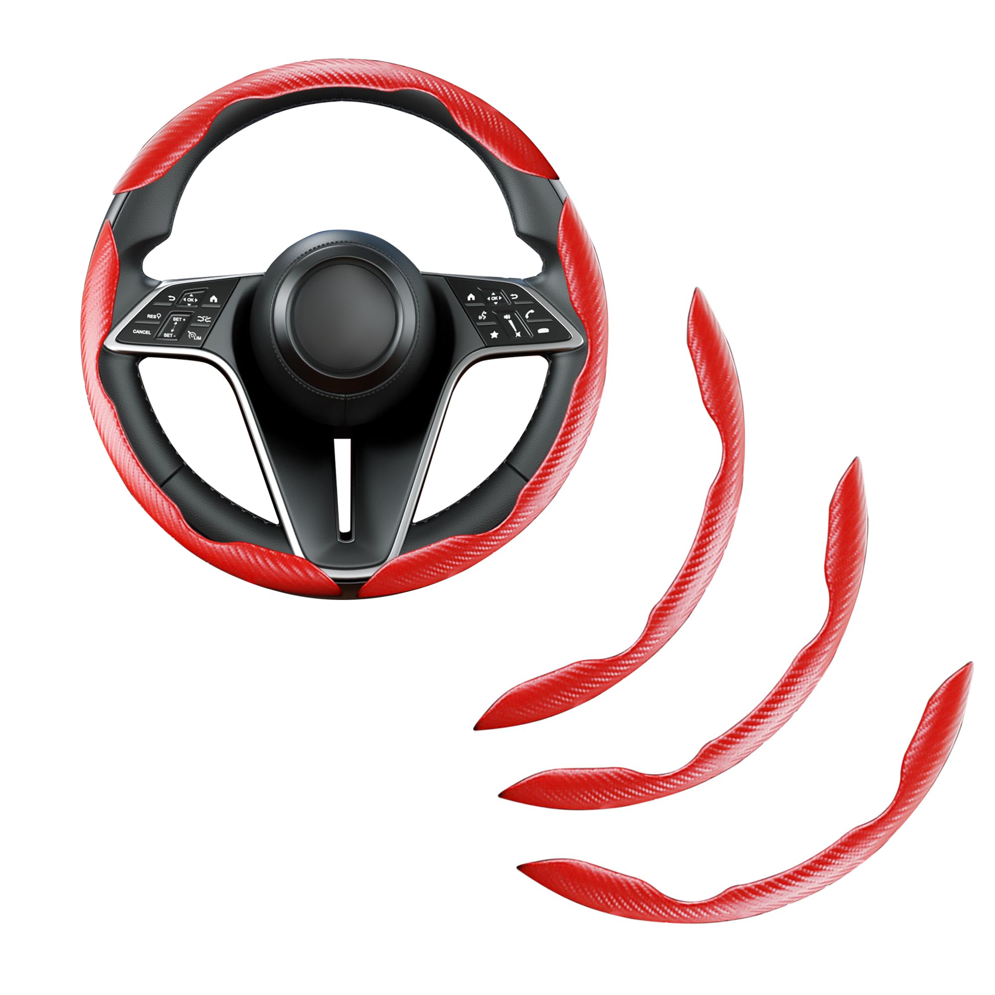 Photo 1 of LevChall 3-Piece Carbon Fiber Car Steering Wheel Cover, Anti-Skid Segmented Butterfly Universal Wheel Cover, Car Interior Accessories, Fit for 99% Cars (Red)