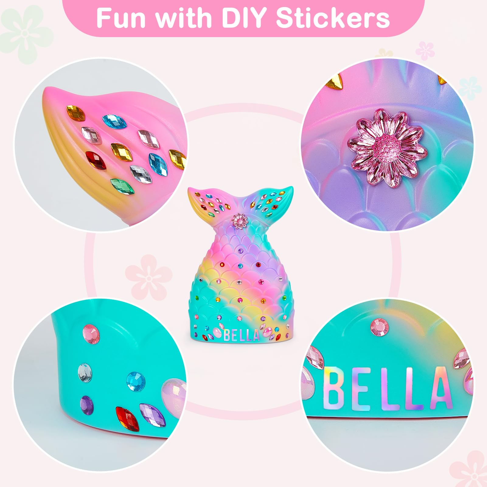 MHJY Piggy Bank Unbreakable Coin Bank Mermaid Money Bank with DIY Stickers Home Decor Birthday Easter, Rainbow