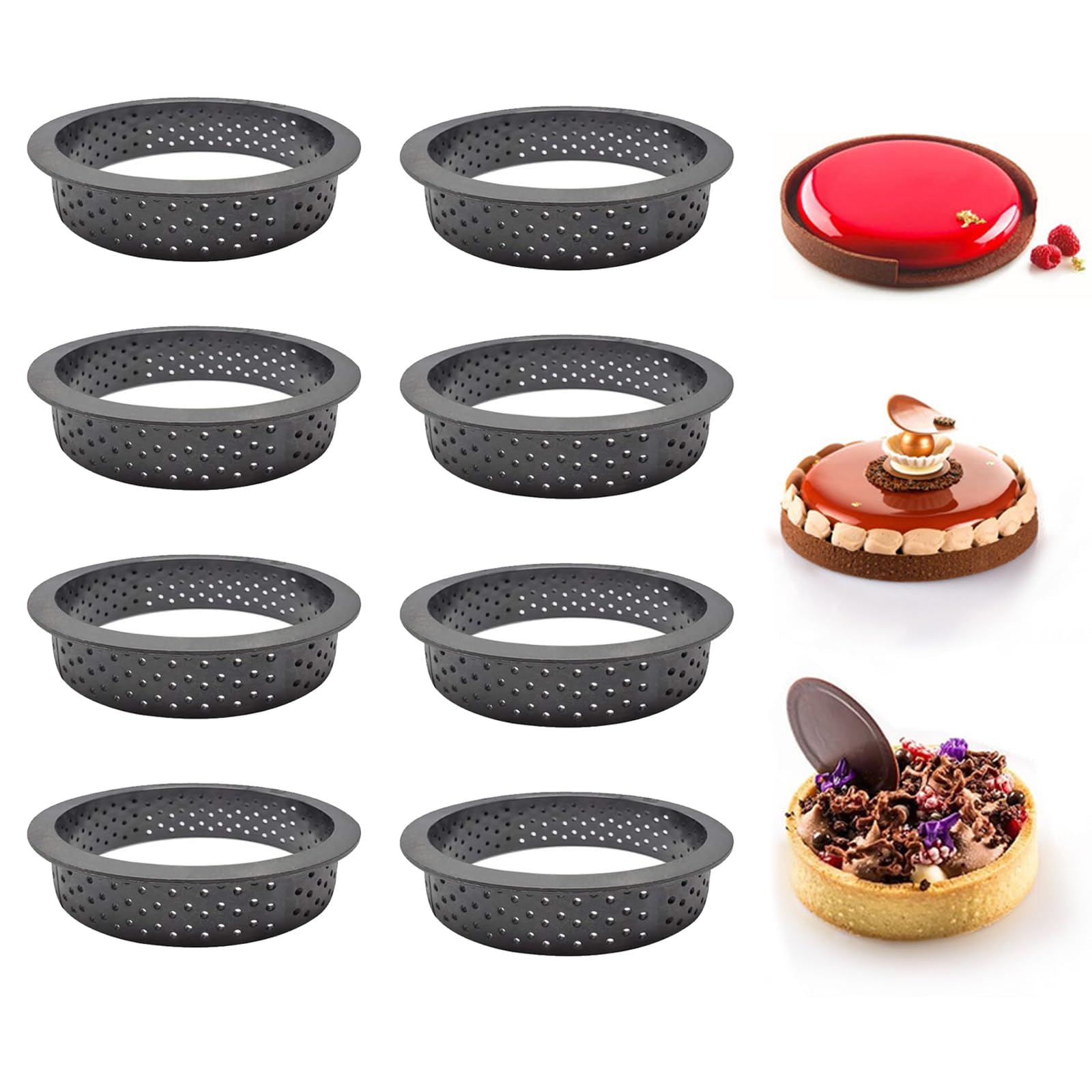 Pack of 8 Round Shape Mousse Silicone Baking Mould Round Shape Mousse Pie Quiche Circle Mould Suitable for DIY Cake Lovers Used to Make Mousse (Black)