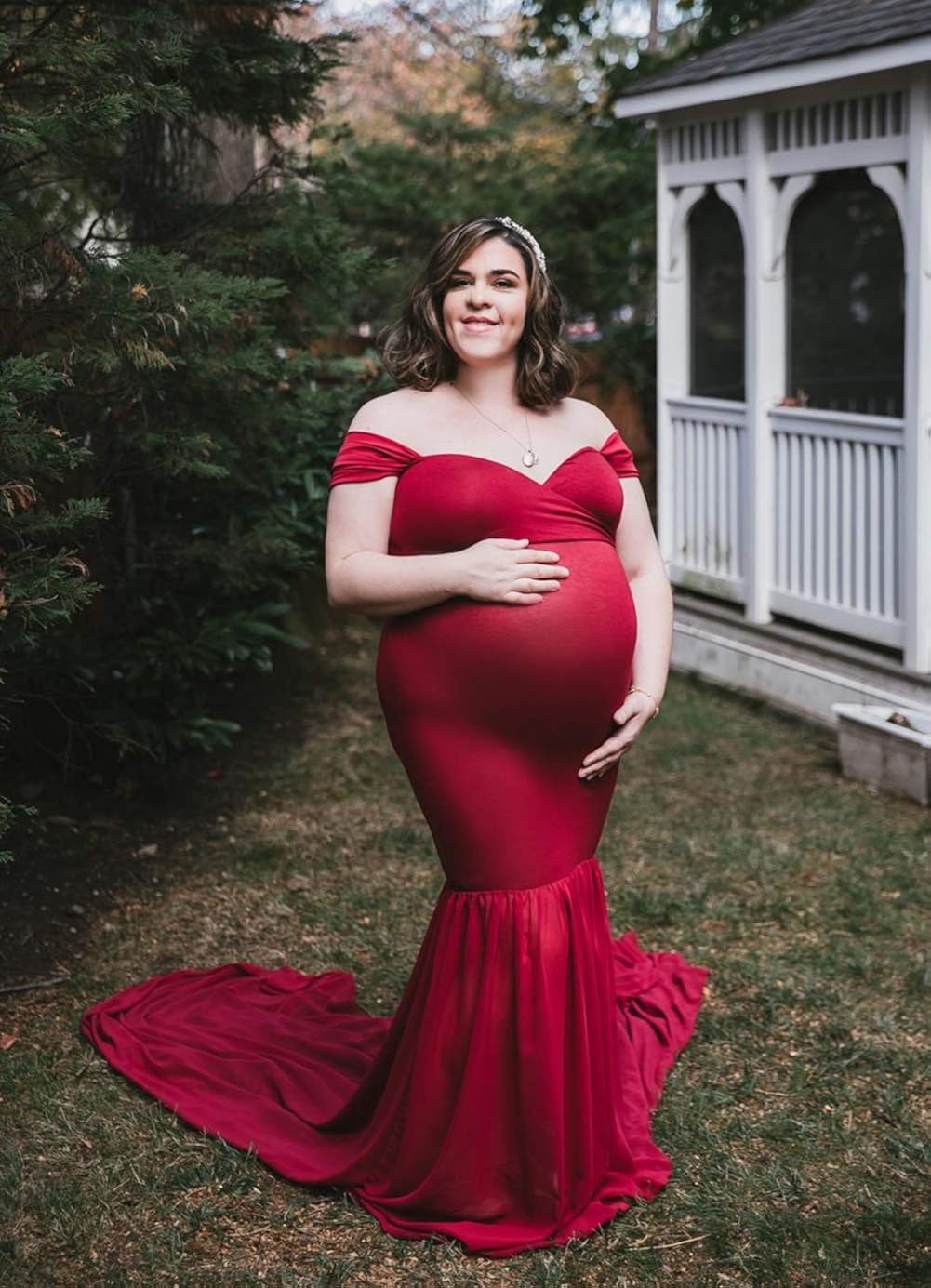 ZIUMUDY Maternity Off Shoulder Mermaid Chiffon Gown Maxi Photography Dress Baby Shower Photo Props Dress (Burgundy) at  Women’s Clothing store