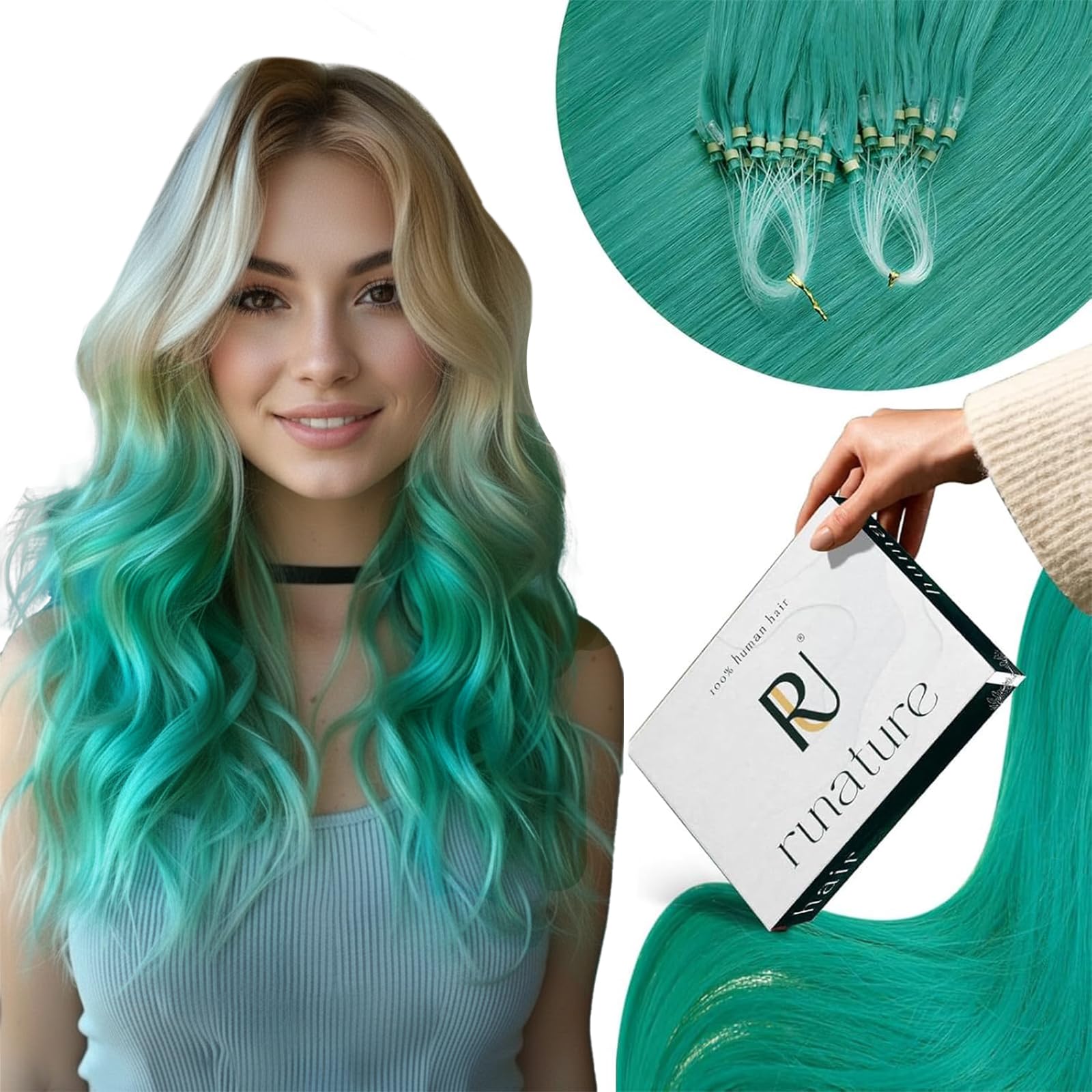 RUNATURE Micro Hair Extensions Real Human Hair Teal Colored Micro Ring Hair Extensions Green Micro Human Hair Extensions Teal Human Hair 20 Inch 25g 25 Strands — image 1