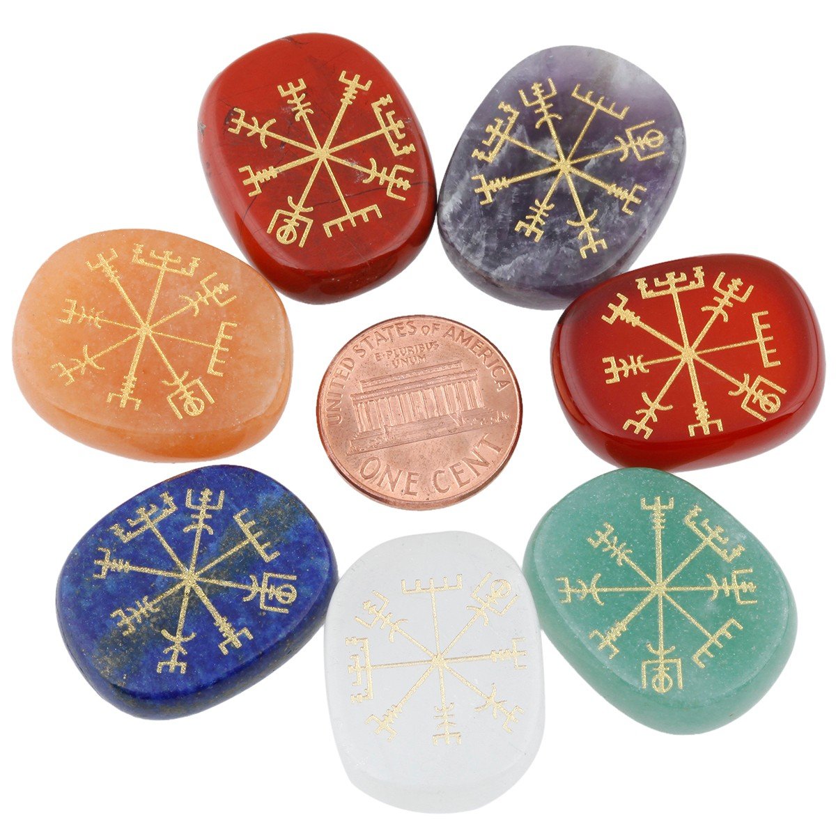 mookaitedecor 7 Piece Chakra Stones with Engraved Symbols Polished Palm Stone for Reiki Crystal Healing