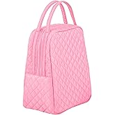 Large Quilted Fabric Cotton Reusable Inusulated Lunch Tote Bag Cooler Snack Bag Women Pretty Thermal Lunch box Storage Gift Bag for Work & Outdoor (Pink)