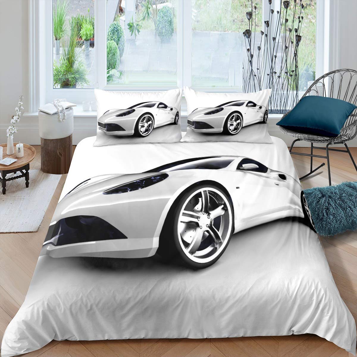 Homemissing Sports Car Duvet Cover Set White Race Car Bedding Set for Kids Boys Girls Teens Extreme Sports Comforter Cover Cool Speed Racing Car Quilt Cover 3Pcs Double Size