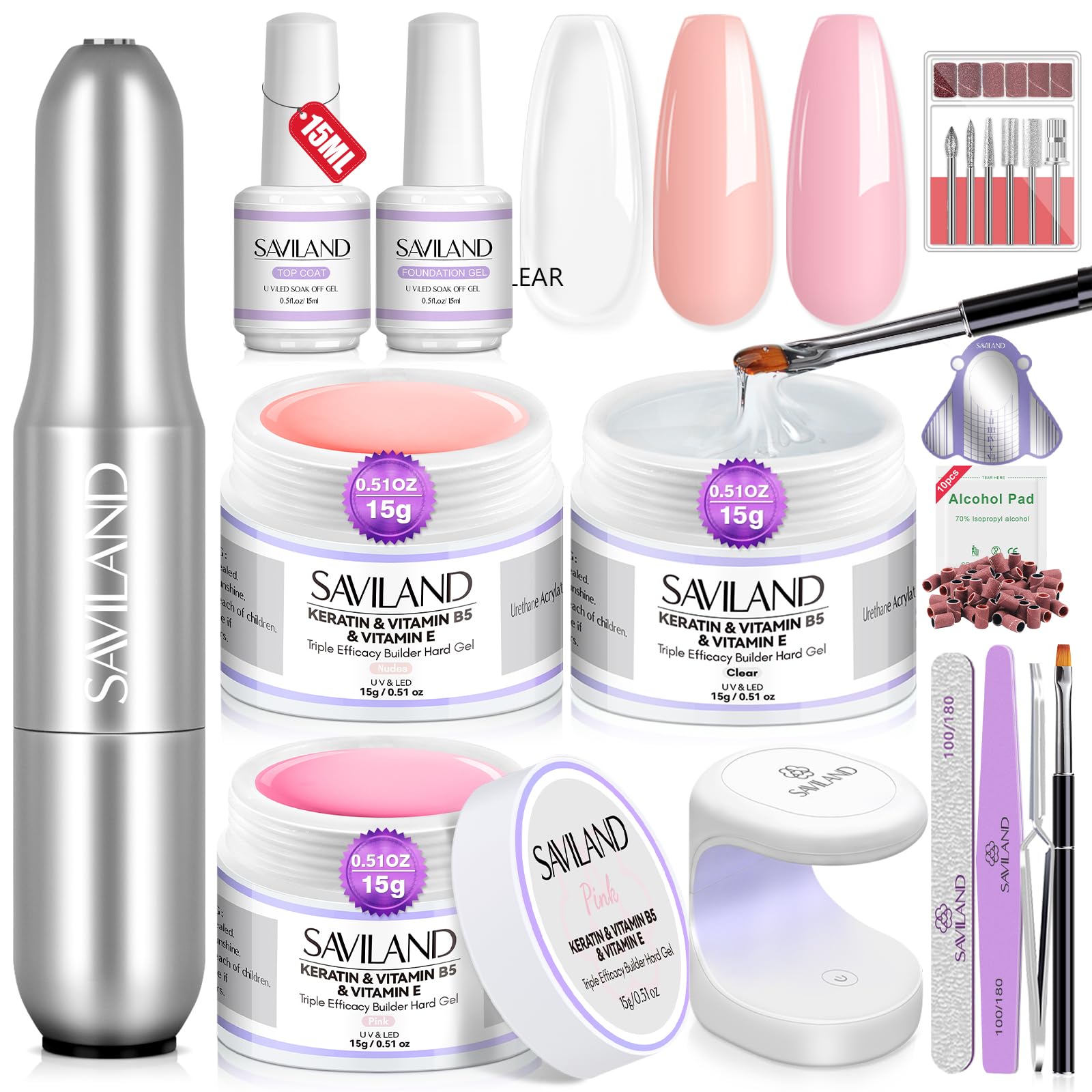 Saviland Builder Nail Gel Kit – 3PCS Sculpture Builder Gels for Nails Clear Pink Nudes Hard Gel Nail Lamp Nail Drill Kit Nail Form Nail Strengthener Builder Gels Nail Kit for Nail Extension