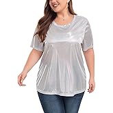 ForHailey Women's Plus Size Shiny Metallic Shirt Sparkly Tops Holographic Party Disco Tee Rock Concert Glitter Shirt XL~5XL