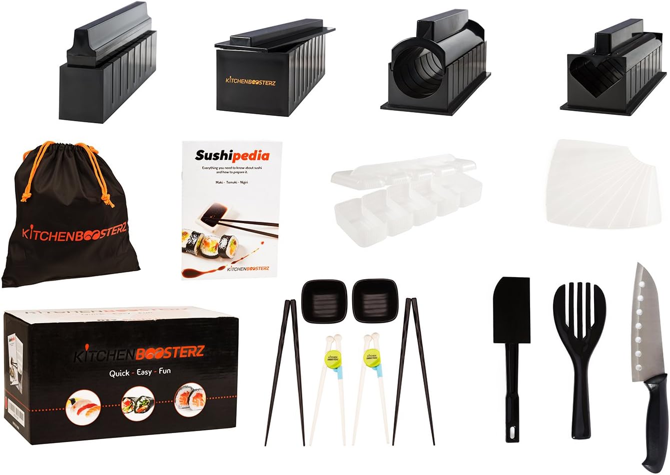 Sushi Making Kit - 17 Piece Beginner Set - 10 Shape Moulds, Knife, Spatula, Fork, Chopsticks, Sauce Dishes & Sushi Maker Guide Book - Black - by KitchenBoosterz