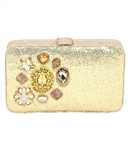 Saisha Crystal and Metal Brooch Decorated Big Box Clutch Bag FCB0027
