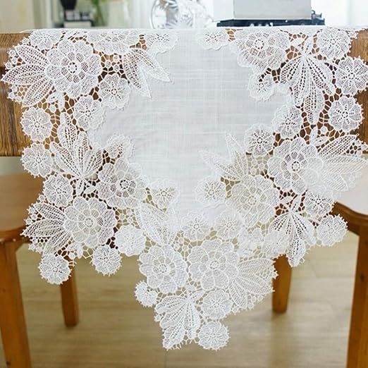 Amazon Com Sumc White Lace Dresser Scarves Flower Linen Table Runner For Farmhouse Dining Coffee Table Bedroom Rustic Wedding Party Decor 13 X 47 Inch Home Kitchen