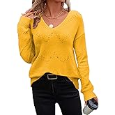 Zeagoo Womens Sweaters Fall Trendy Casual Long Sleeve Shirt Lightweight V Neck Off Shoulder Crochet Pullover Top Outfit