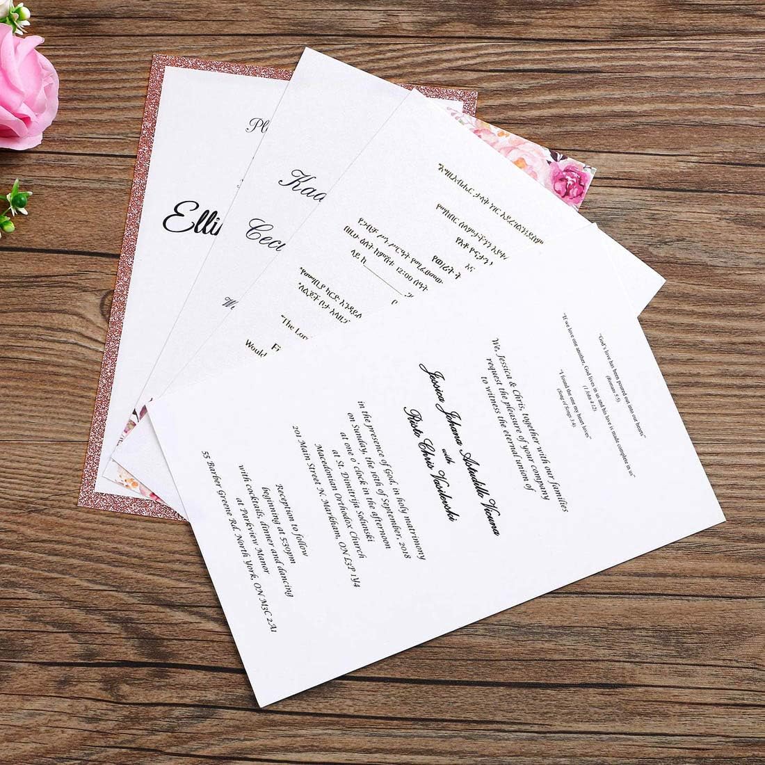 Jofanza 5X7.2 Inch 20PCS Laser Cut Lace Wedding Invitation Cards with Ribbon and Envelopes for Bridal Shower Engagement Graduation Sweet 16 Birthday Invites (Rose Gold Glitter) - Image 4