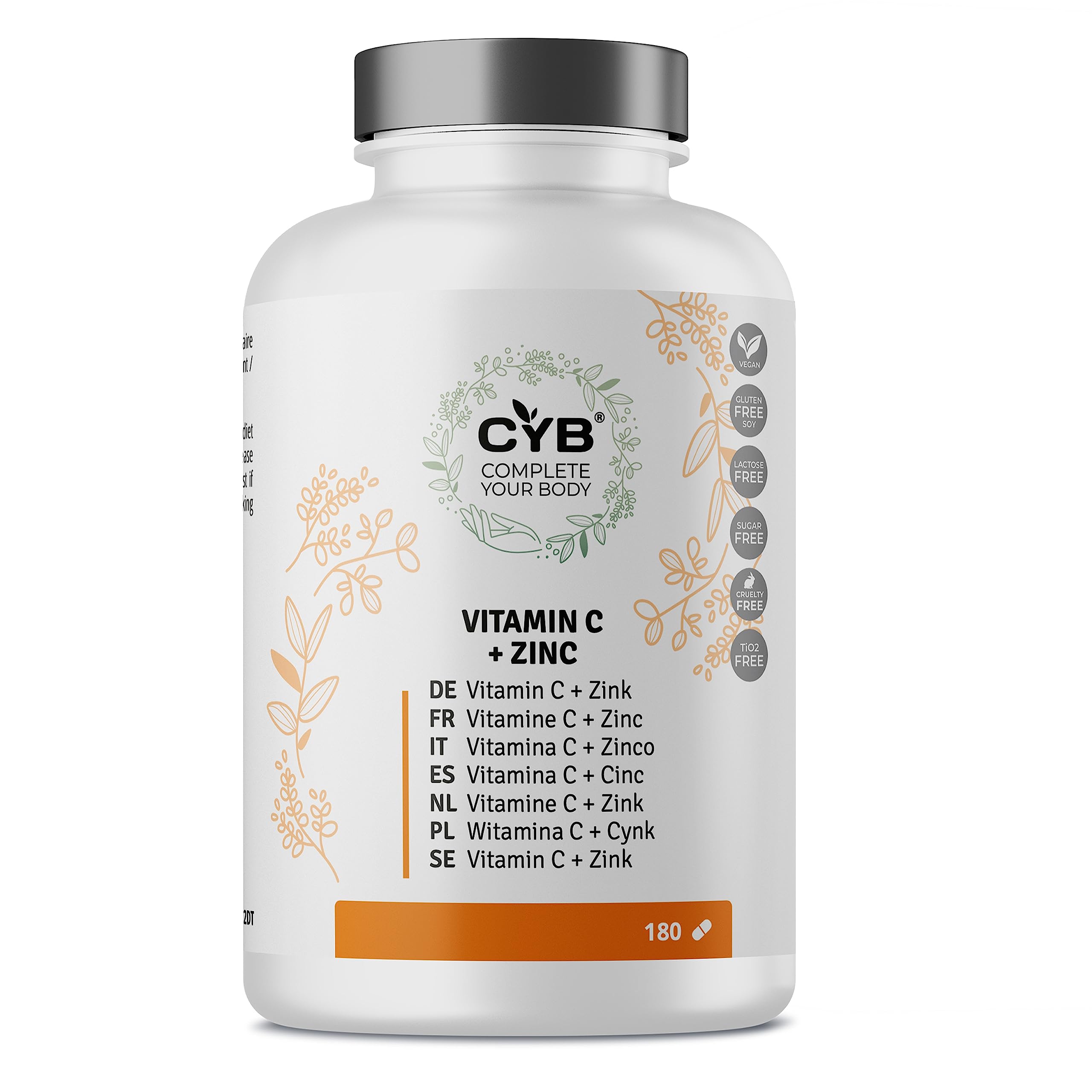 CYB Vitamin C + Zinc - 225mg Vitamin C, 2.25mg Zinc - Vegan Daily Supplement - 180 Tablets