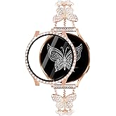 Shesyuki Bling Band with Case Compatible with Samsung Galaxy Watch 4 & 5 40mm 44mm Model,20mm Stylish Stainless Band Bling Diamond Butterfly Bracelet for Women (Rose Gold-40MM)