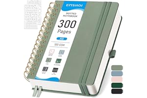 EMSHOI Bullet Dotted Journal Spiral Notebook - 300 Pages, A5 Hardcover Leather, 100 GSM Thick Dot Grid Notebook for Women Men Work Writing, Bullet Journaling, Drawing, 5.7" x 8.22", Light Green