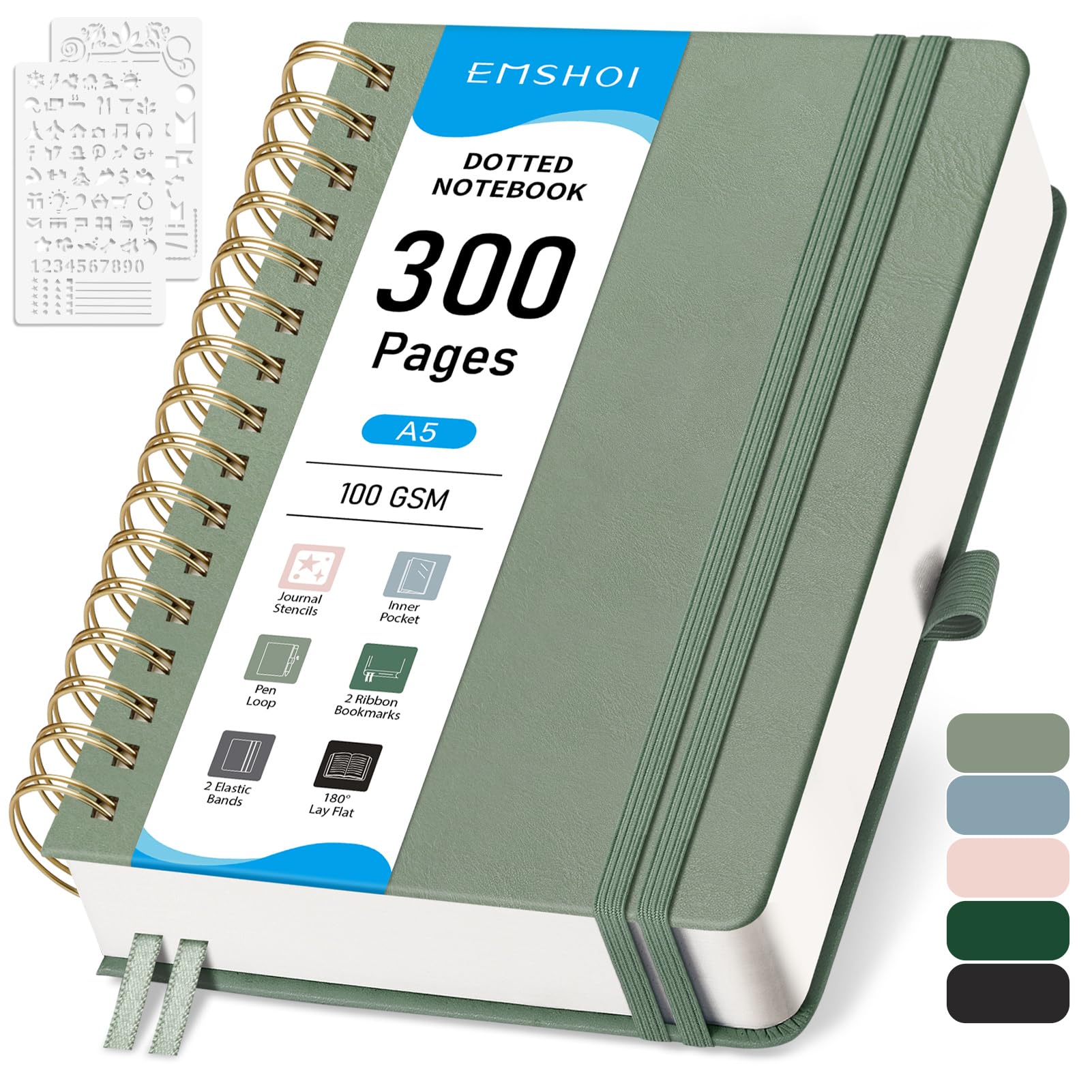 Photo 1 of Emshoi  Dotted Journal Spiral Notebook - 300 Pages, A5 Hardcover Leather, 100 GSM Thick Dot Grid Notebook for Women Men Work Writing, Bullet Journaling, Drawing, 5.7" x 8.22", Light Green