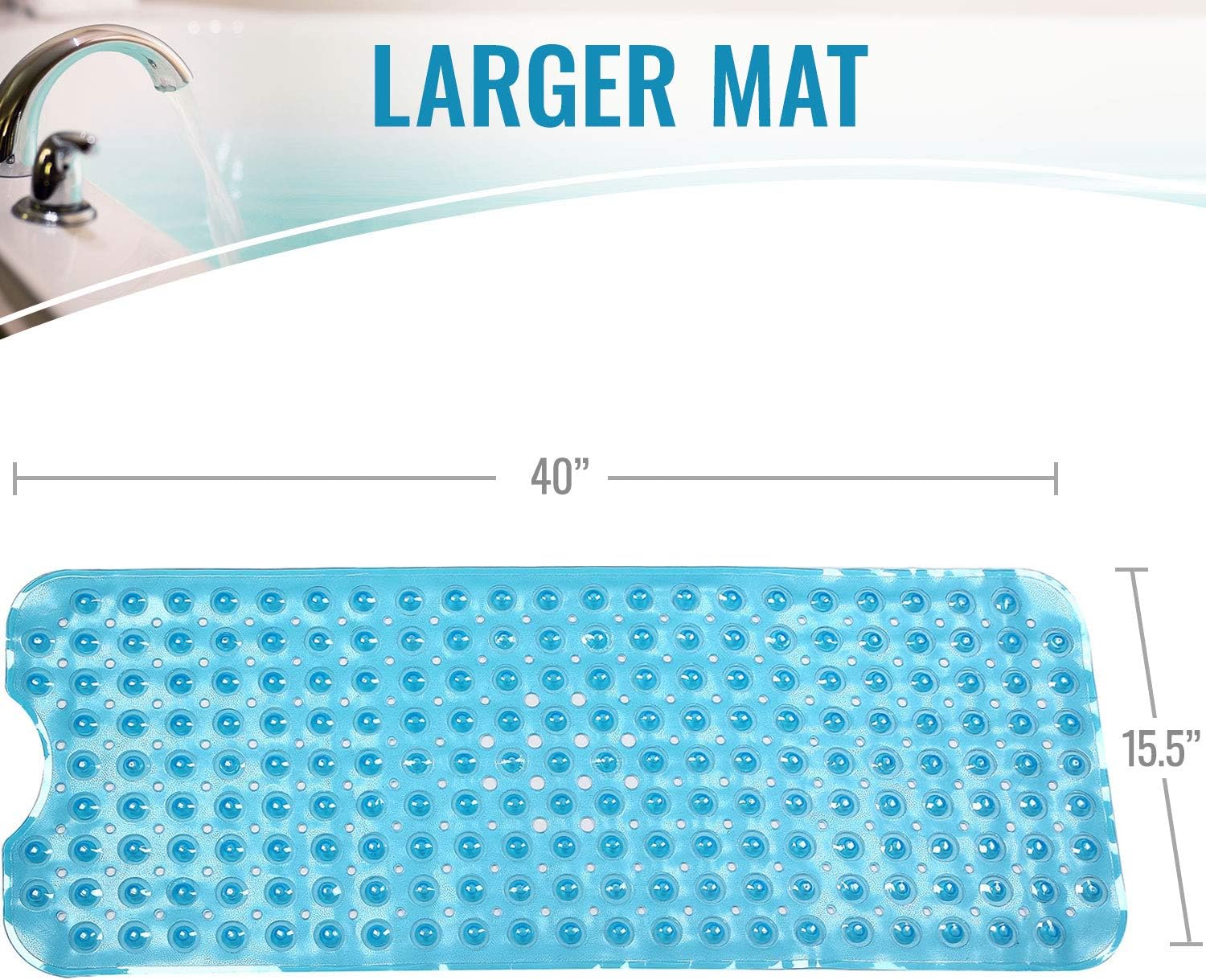 HealthSmart Antimicrobial Bath Mat with Non-Slip Suctions and Drain Holes, Extra Long, Light Blue: Health & Personal Care