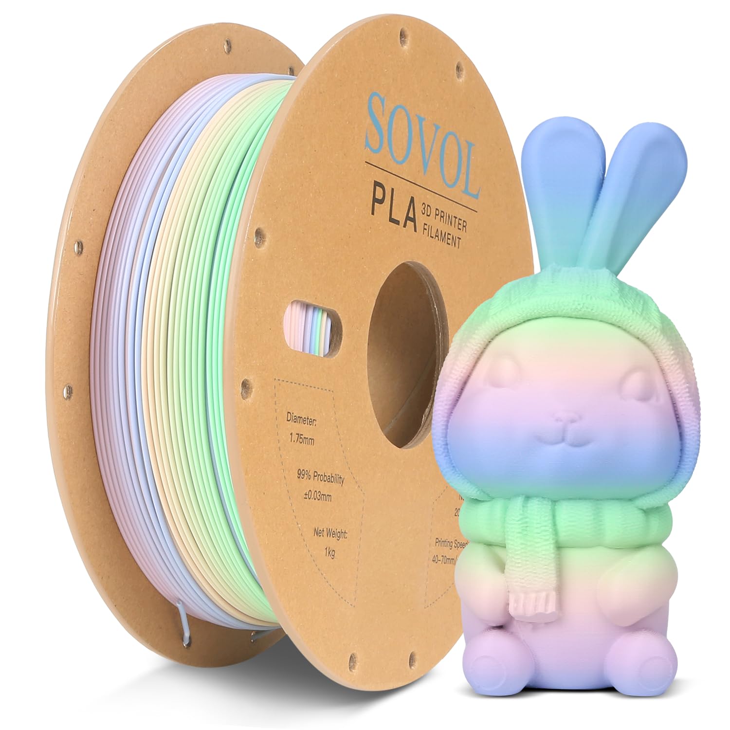 Photo 1 of Sovol 3D Printer Matte Multicolored Fast Change Rainbow PLA 1kg (2.2 lbs) Spool 3D Printing Materials, Dimensional Accuracy +/- 0.03 mm, 1.75 mm, Matte Macaron Rainbow