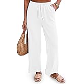 Diosun Womens Casual Palazzo Pants High Waisted Wide Leg Long Lounge Elastic Drawstring Waist Trousers with Pockets(S, White)