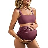 Summer Mae Ribbed Maternity Bikini Swimsuit for Women High Waisted Two-Piece Bathing Suit Crop Top Pregnancy Swimwear