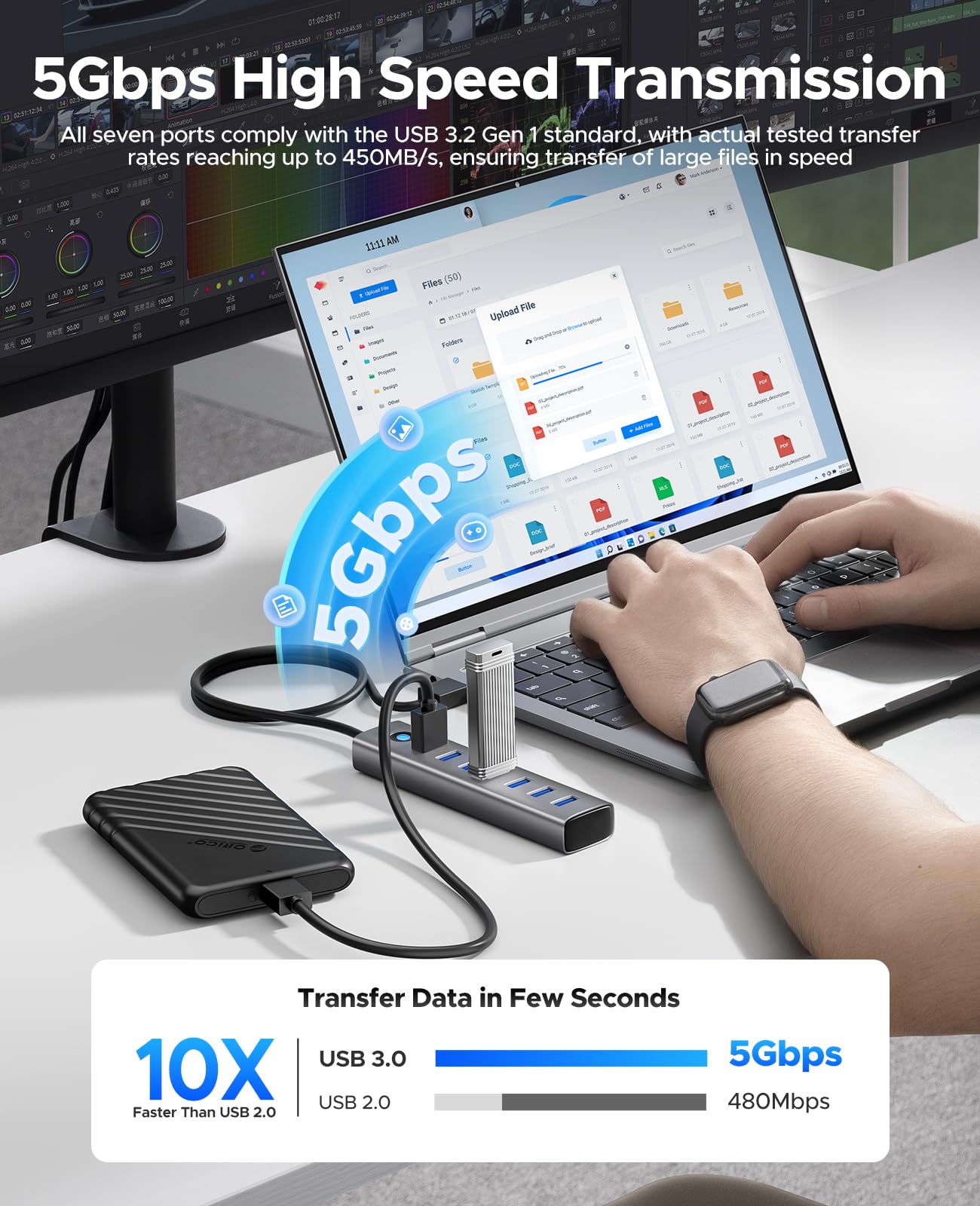 ORICO 7-Port USB 3.0 Hub, Aluminium Multiport Adapter Mit 100CM Kabel, 5Gbps Datenübertragung, 5V 3A Type-C Port, Splitter Für PC, Laptop, MacBook, PS4, Surface Pro, Mobile HDD 3