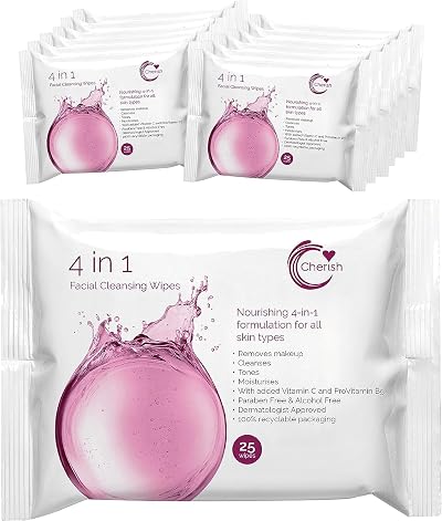 Cherish 4 in 1 Facial Cleansing Wipes 12 Packs 300 Wipes Vitamin C
