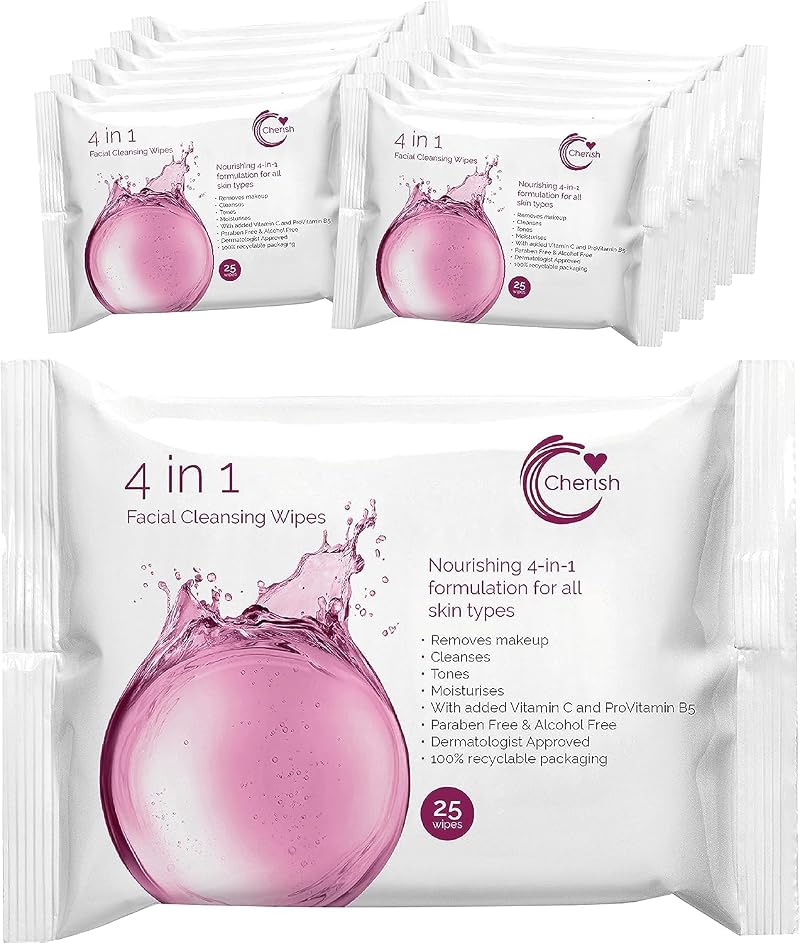 Cherish 4 in 1 Facial Cleansing Wipes 12 Packs 300 Wipes Vitamin C