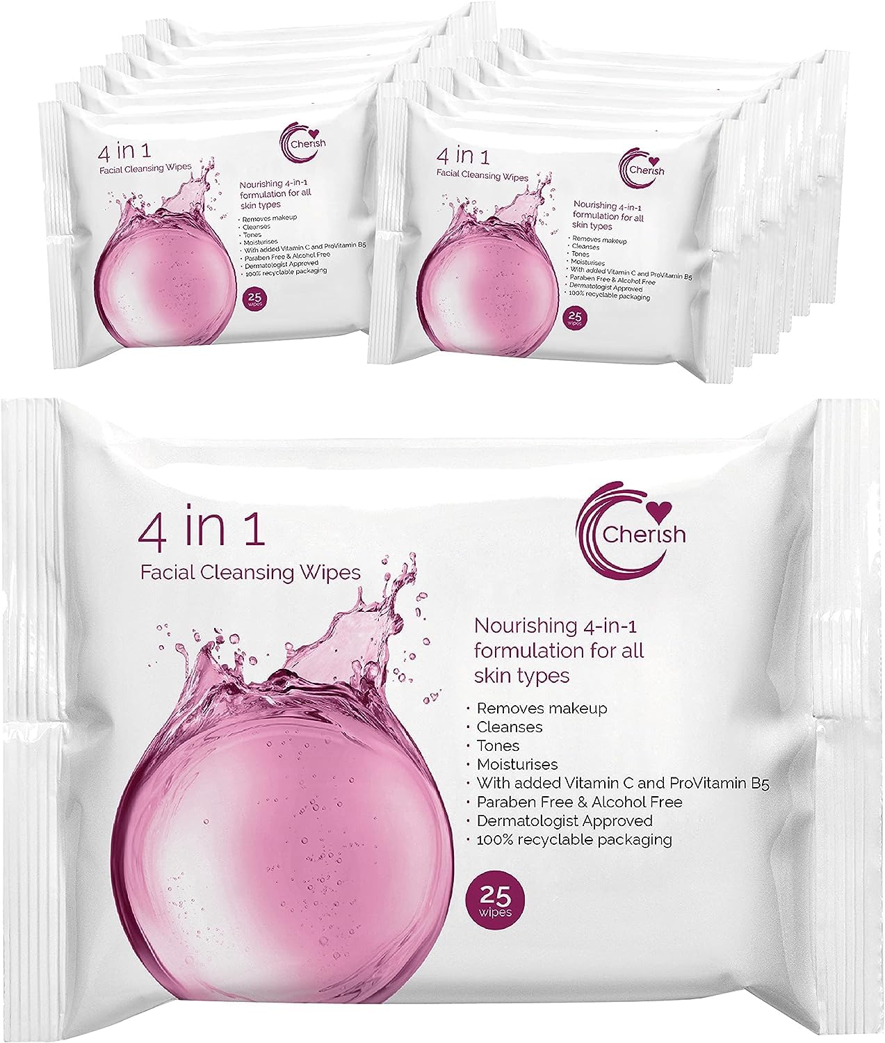 Cherish 4 in 1 Facial Cleansing Wipes, Make Up Removal with Vitamin C for Brighter Skin (12 packs x 25 wipes totaling 300 wipes)