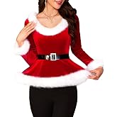 ADORPOP Womens Christmas Santa Outfits - Peplum Velvet Tops Belted Sweaters | Deep V-Neck & Plush Fur Accents, Detachable Belt Accessory, Figure-Flattering Peplum Shape, Long Sleeve Winter Layering Style