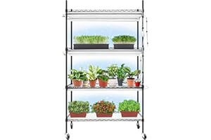 Monios-L Plant Stand with Grow Lights for Seedlings,4-Tier Metal Shelf with Plant Lighting for seed starting,Full Spectrum 180W T8 5000K White, Adjustable Rack for Indoor Plants,(35x14x61IN,Black)