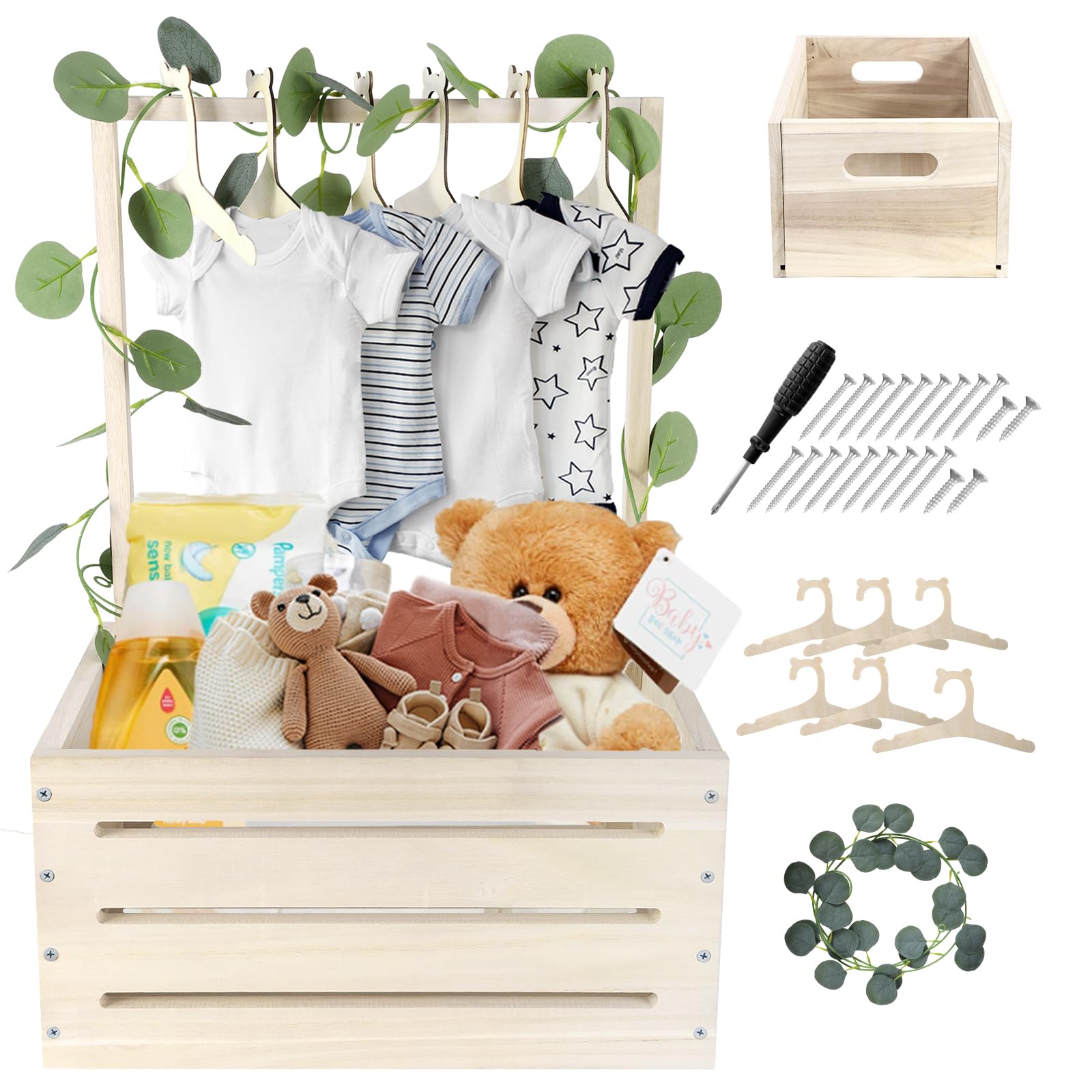 Umtiti Wooden Gift Basket with Handle，Clothes Hanger and Garland，Baby Shower Crate Wardrobe for Pregnant New Parents.Gift Basket-Wood-UK