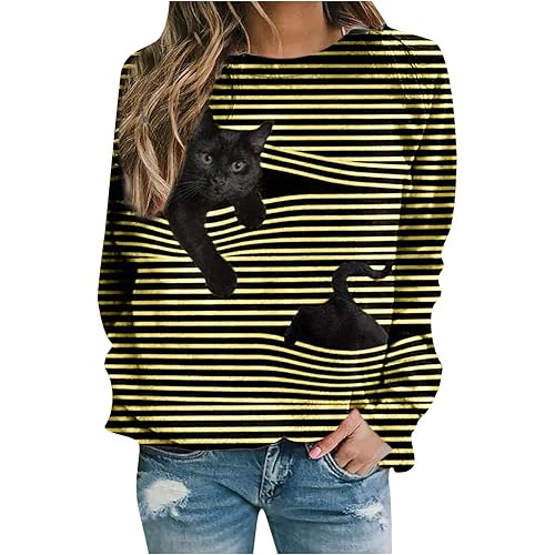 Sweatshirts for Women, Women Patchwork Long Sleeve Shirt Cute Cat Crewneck Sweatshirts Loose Fit Tunic Tops
