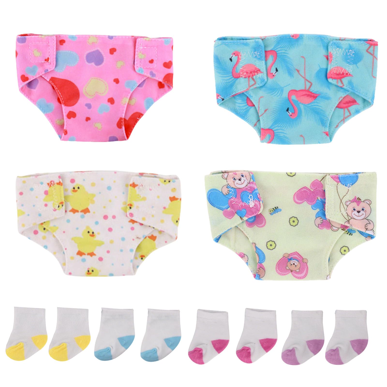 Xerteam 4 Pcs Doll Nappies 4 Doll Socks, Baby Doll Accessories Set for 12-18 Inch Doll, Reusable Dolls Nappies with Cute Duck/Bear/Heart Pattern, Doll Accessories Gifts for Children Pretend Play Game